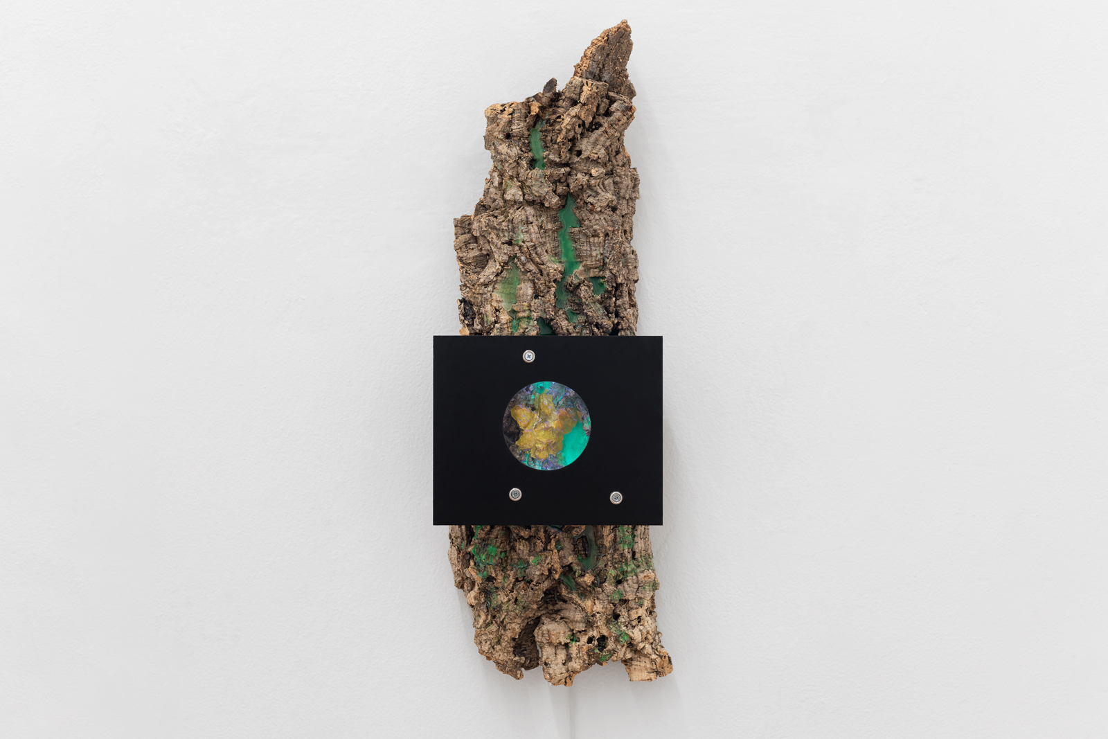 Jason Gomez, Green Genie, 2020 Pigmented polyurethane on bark, pigmented acrylic, enamel on acrylic faceplate, 12V lighting component, 78x27x12 cm