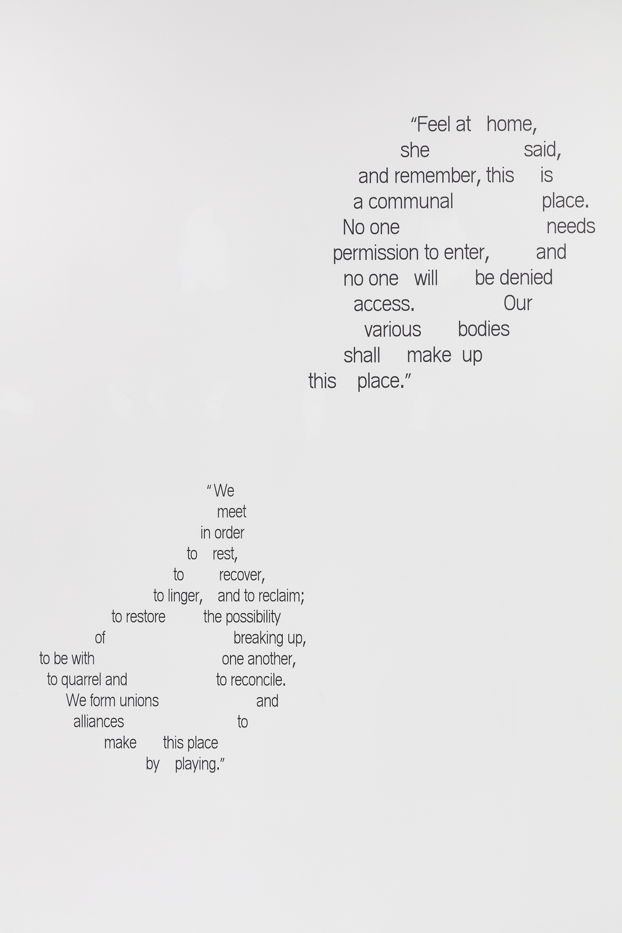 Feel at home, 2018, black vinyl 100 cm x 100 cm and We meet / to make this place by playing 2018, black vinyl, 100 cm x 130 cm, installation view Jesuitenfoyer Vienna