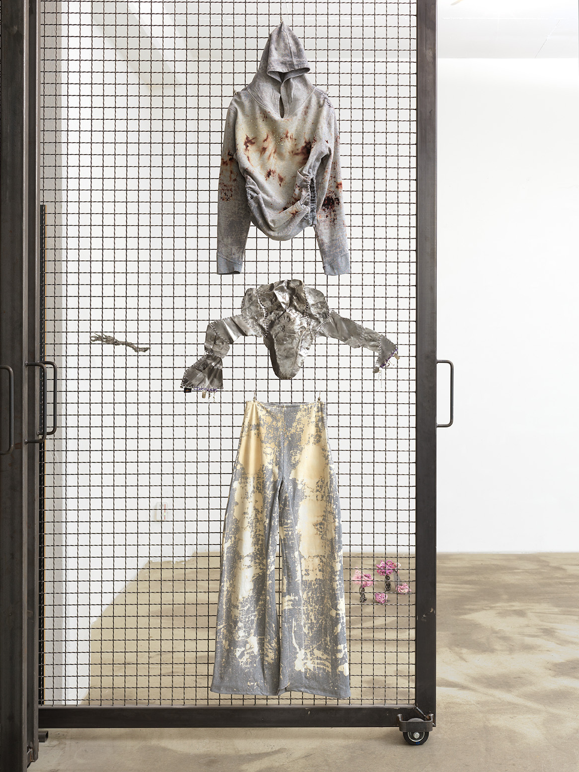 Installation view, A Mouth; A Tale, view on Mephala couture and Monstrous fetter, both 2021, by Lotte Meret, KLEMM’S showroom, 2021. Photo: Nick Ash