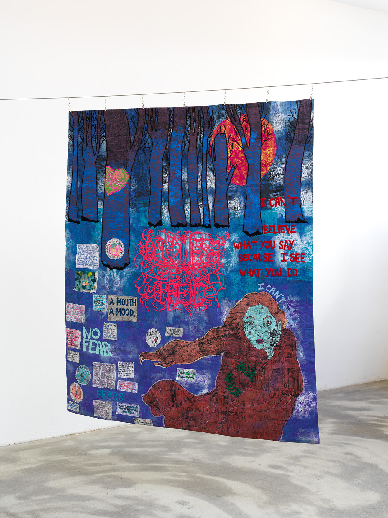 Installation view, A Mouth; A Tale, view on Moodboard 4, 2020, by Laure Marville, KLEMM’S showroom, 2021. Photo: Nick Ash