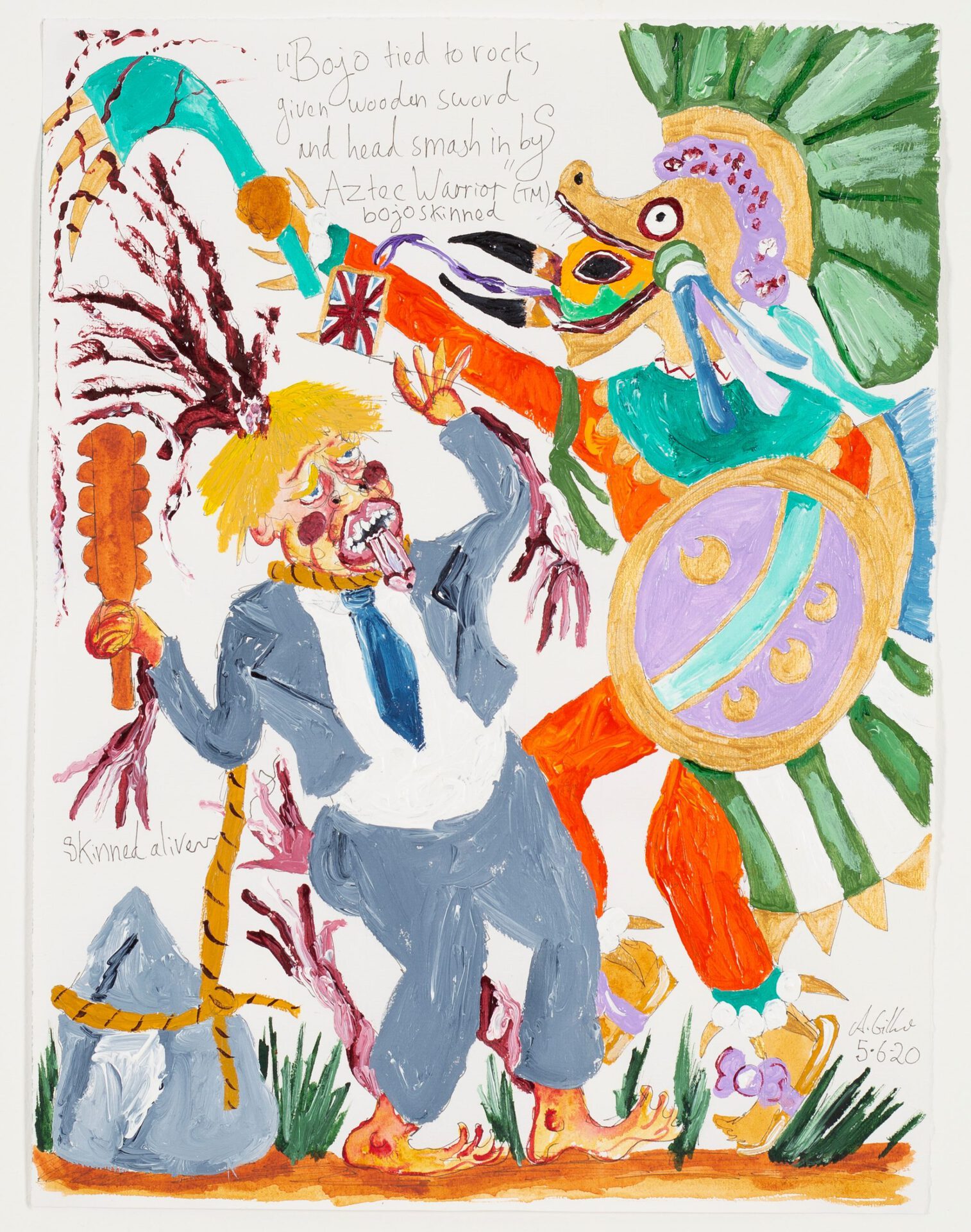 Andrew Gilbert, Bojo tied to rock ... and skinned alive, 2020, acrylic, fineliner and water colour on paper, 40 × 30 cm, photo: Constanza Meléndez