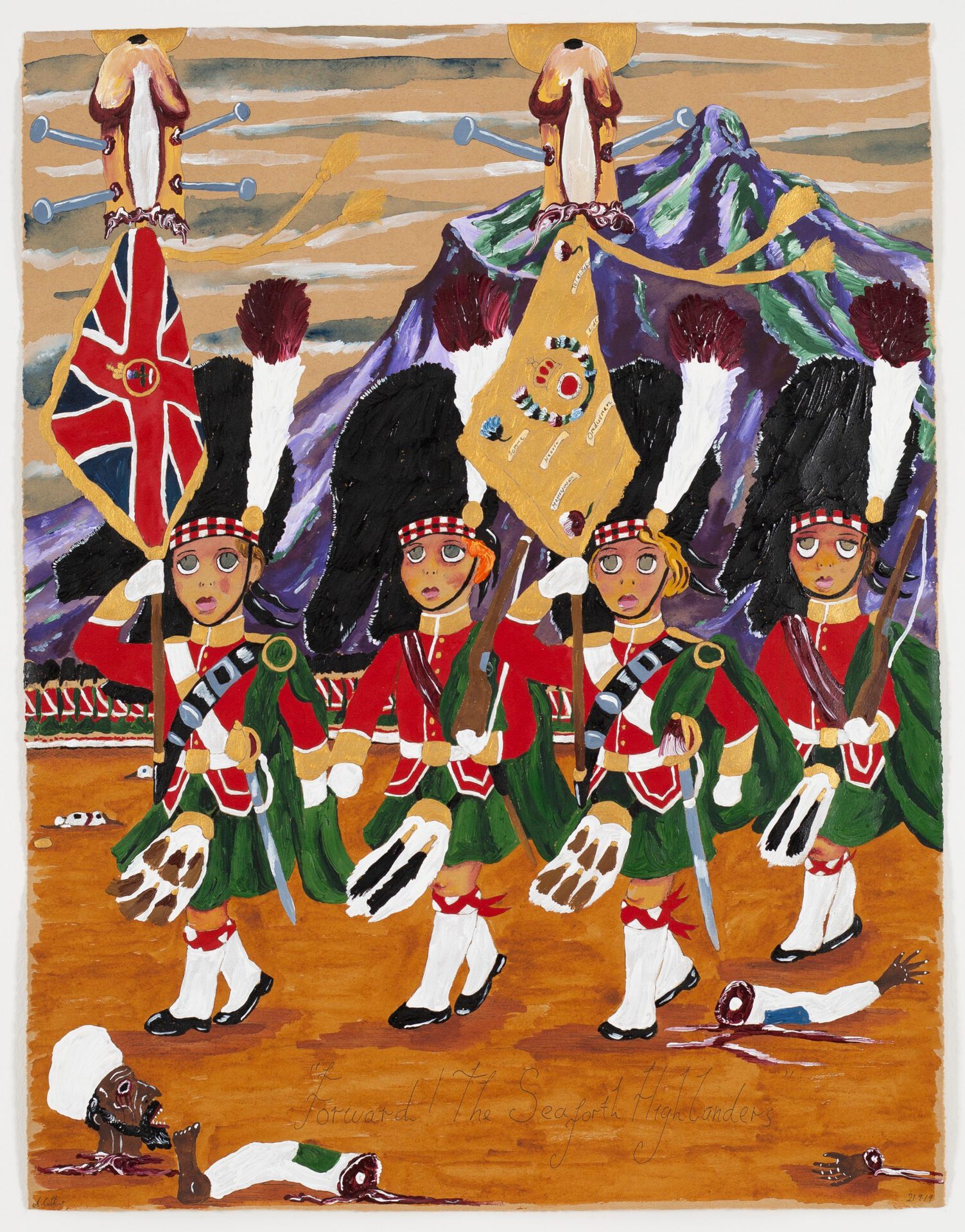 Andrew Gilbert, Forward! The Seaforth Highlanders, 2019, acrylic, fineliner and water colour on paper, 64 × 50 cm, photo: Constanza Meléndez