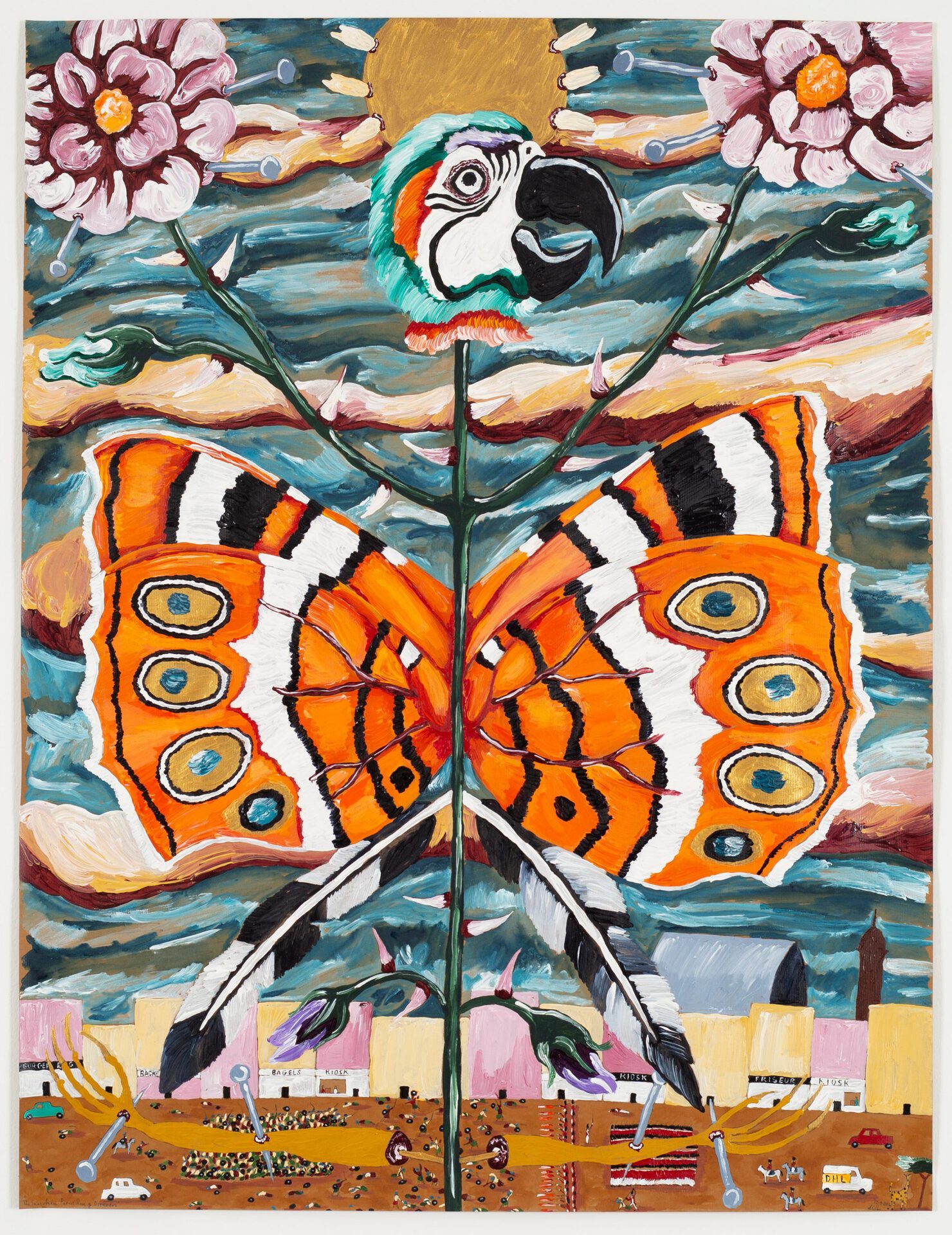 Andrew Gilbert, The Saint Parrot Rose of Ostkreuz, 2020, acrylic, fineliner and water colour on paper, 64 × 50 cm, photo: Constanza Meléndez