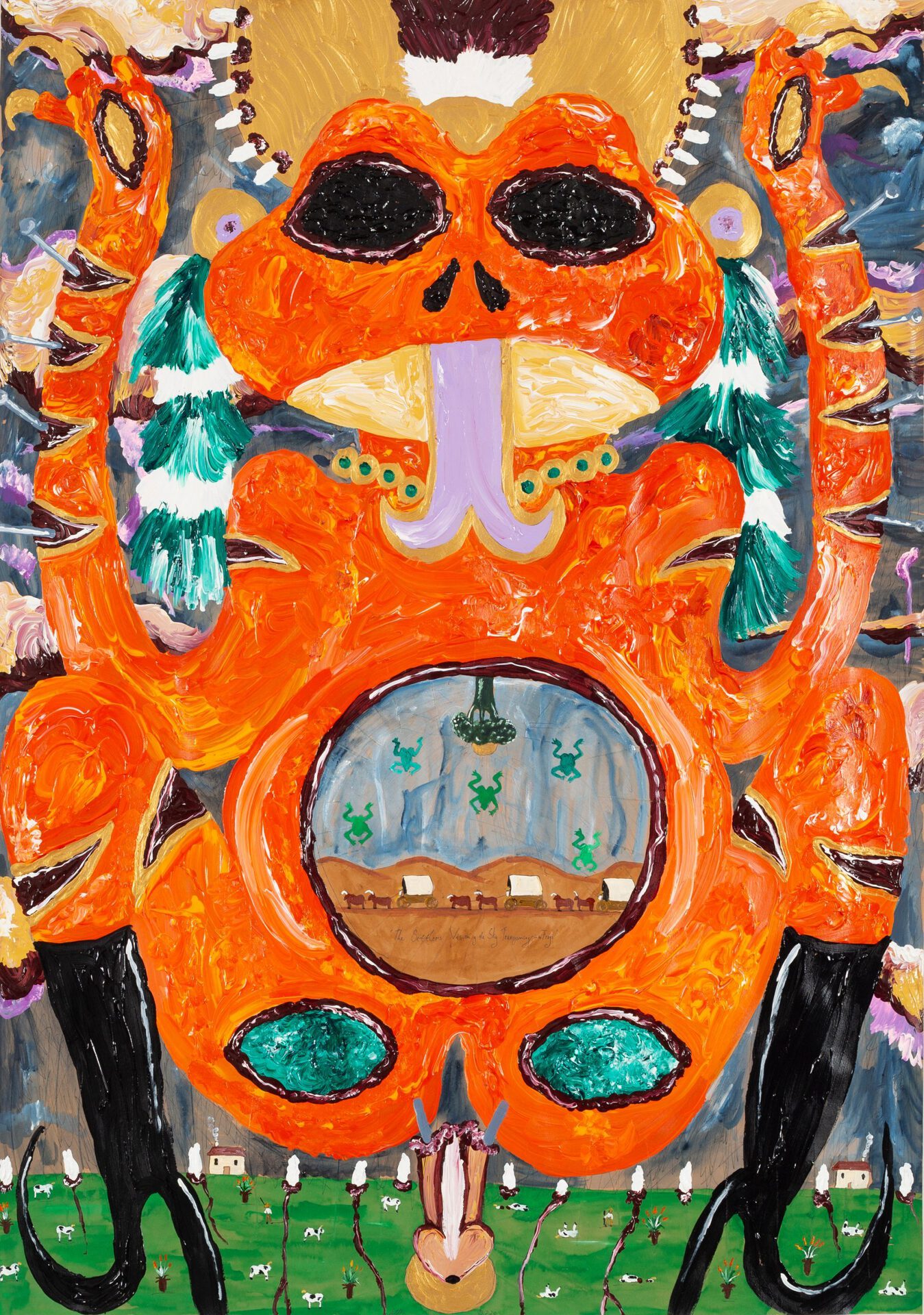 Andrew Gilbert,The Settlers witness the Sky transform into Frogs, 2020, acrylic, fineliner and water colour on paper 100 × 70 cm | 39 1/3 × 27 1/2 in, photo: Constanza Meléndez