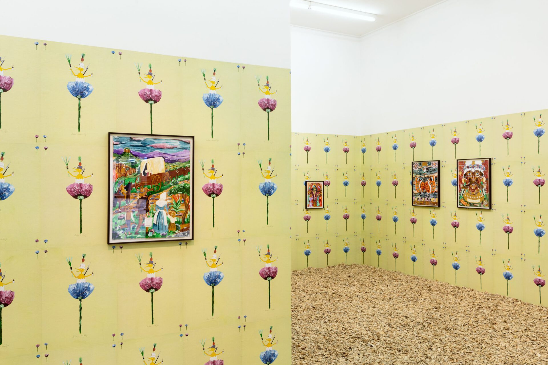 Exhibition view: Andrew Gilbert, “Saint Andrew’s Vision of the Great Trek - Settler Propaganda from 1836 to the Present Day - sponsored by Leek Phone (TM)”, 2020, photo: Sebastian Kissel