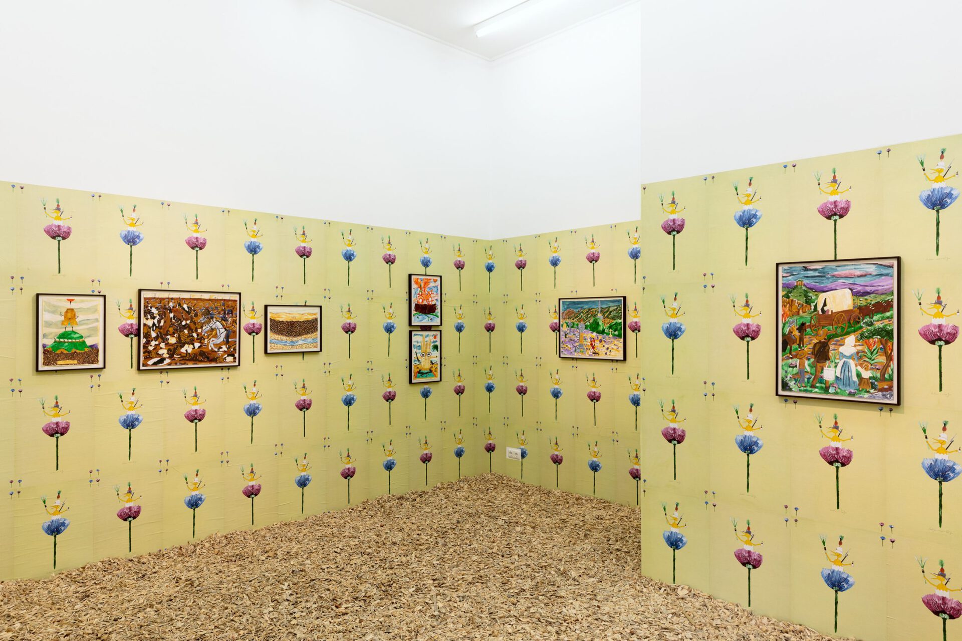 Exhibition view: Andrew Gilbert, “Saint Andrew’s Vision of the Great Trek - Settler Propaganda from 1836 to the Present Day - sponsored by Leek Phone (TM)”, 2020, photo: Sebastian Kissel