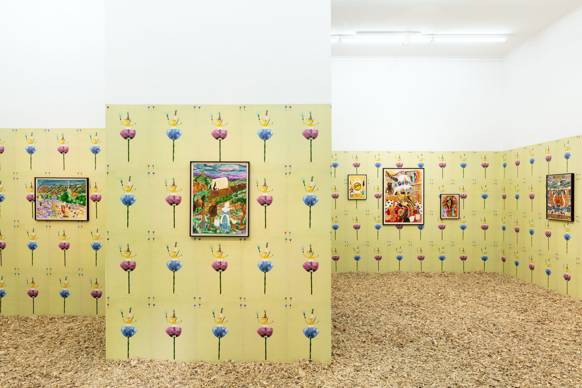 Exhibition view: Andrew Gilbert, “Saint Andrew’s Vision of the Great Trek - Settler Propaganda from 1836 to the Present Day - sponsored by Leek Phone (TM)”, 2020, photo: Sebastian Kissel