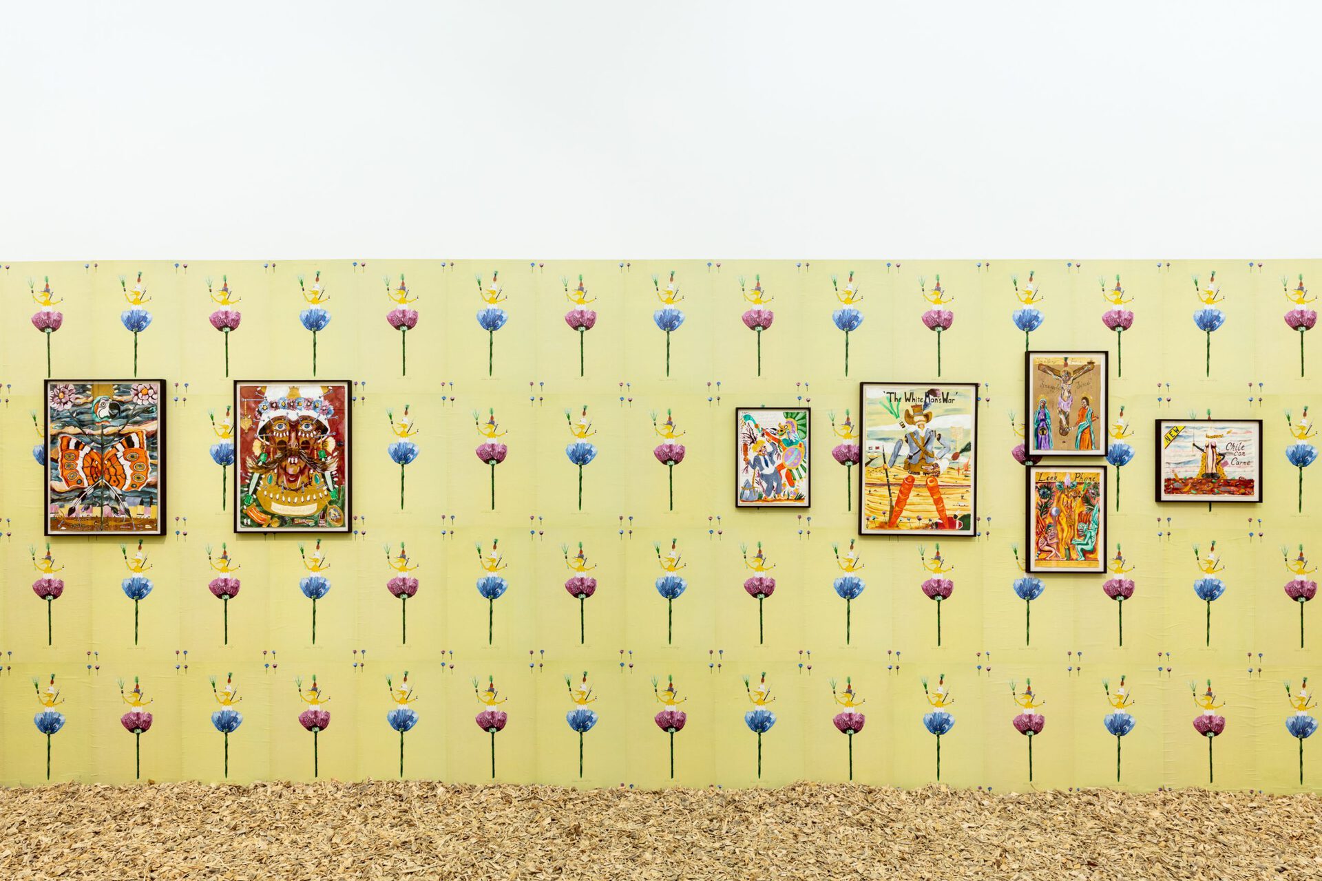 Exhibition view: Andrew Gilbert, “Saint Andrew’s Vision of the Great Trek - Settler Propaganda from 1836 to the Present Day - sponsored by Leek Phone (TM)”, 2020, photo: Sebastian Kissel