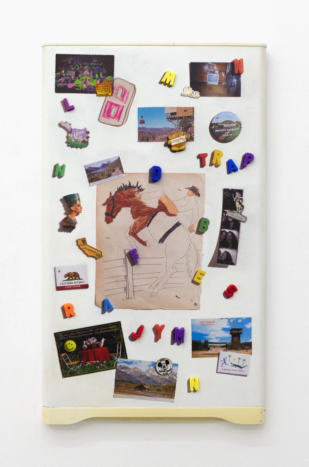 Billie Clarken, Trap Door #6 (Signs of Interior Life), 2021, Found objects, UV-printed refrigerator door, velour fabric 95.5 x 59 x 6 cm