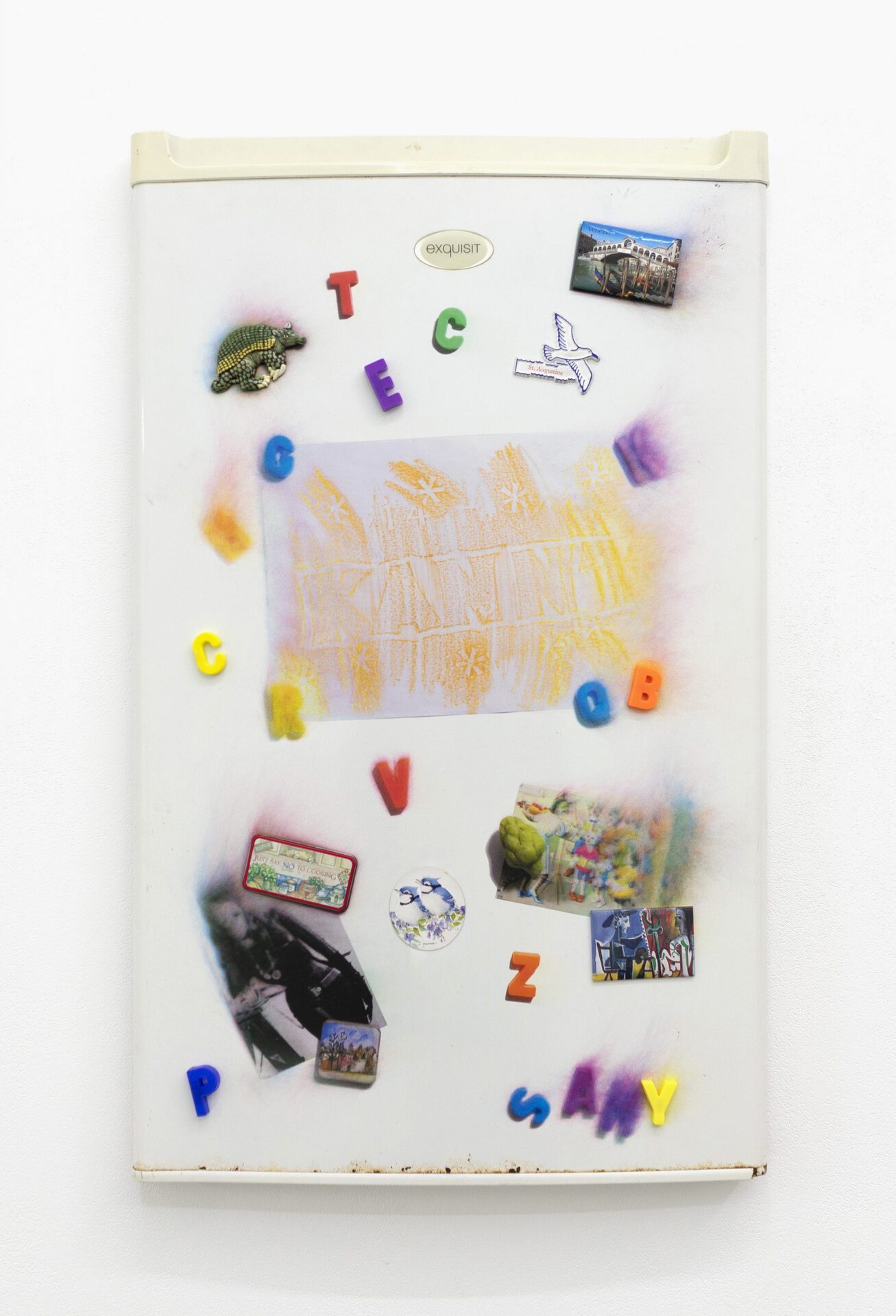 Billie Clarken, Trap Door #1 (KANN OR KANNT NOT?), 2021, Found objects, UV-printed refrigerator door, velour fabric 80 x 50 x 6 cm