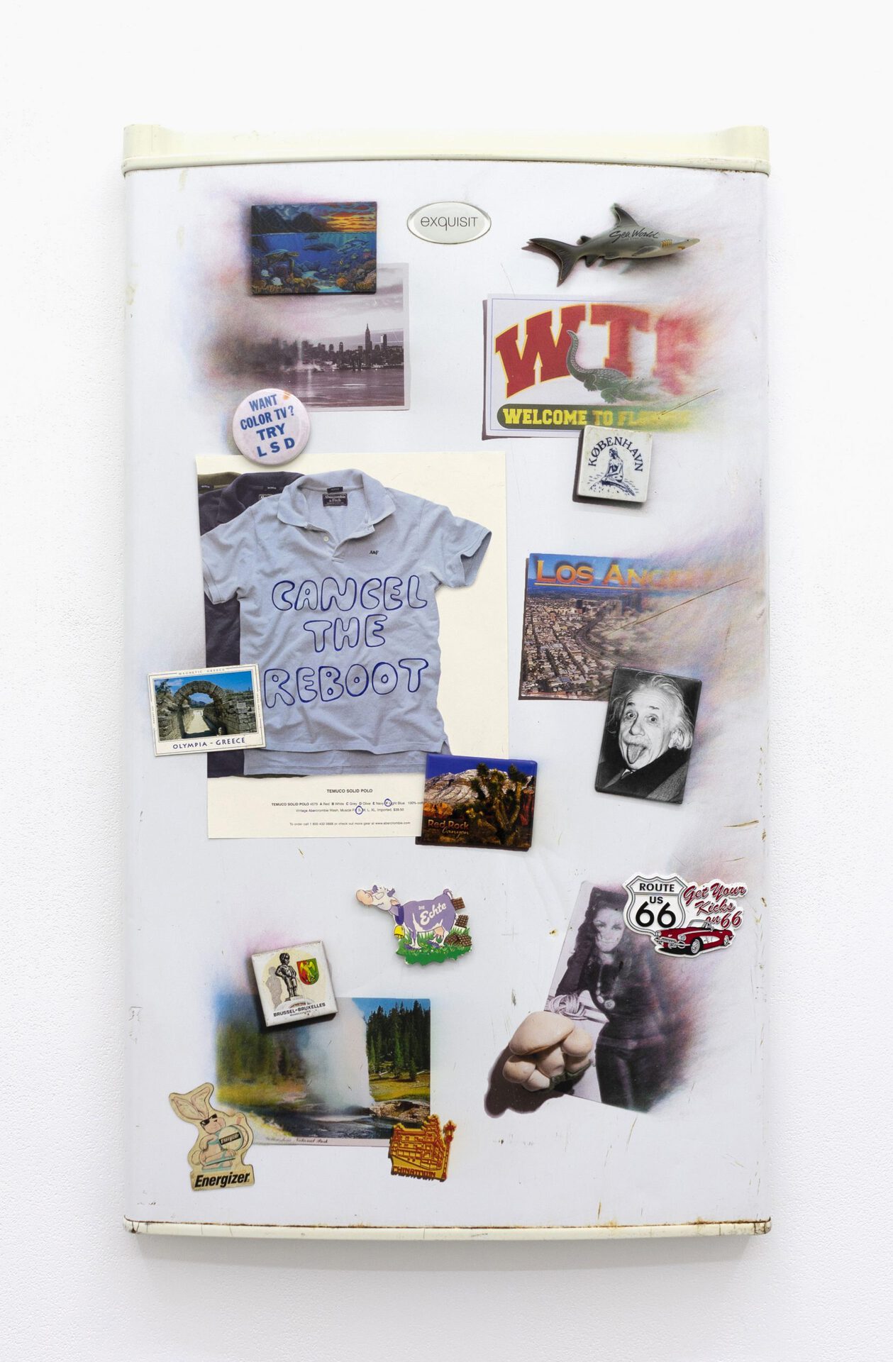 Billie Clarken, Trap Door #3 (BEHIND EVERY ISSUE IS AN ADVERTISEMENT), 2021, Found objects, UV-printed refrigerator door, velour fabric 80.5 x 47.5 x 7 cm