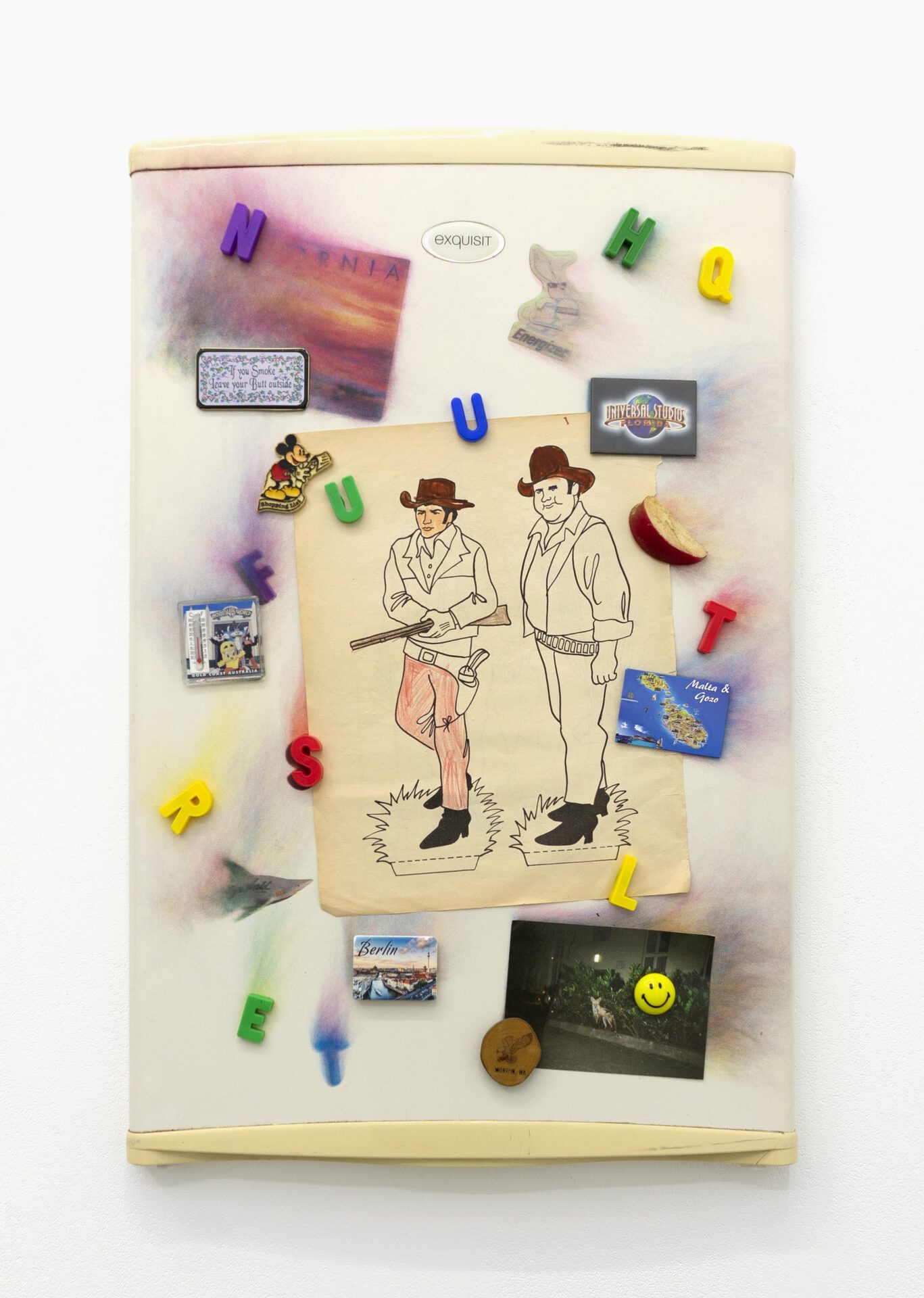 Billie Clarken, Trap Door #2 (In the Memory of Others), 2021, Found objects, UV-printed refrigerator door, velour fabric 79.5 x 49.5 x 8 cm