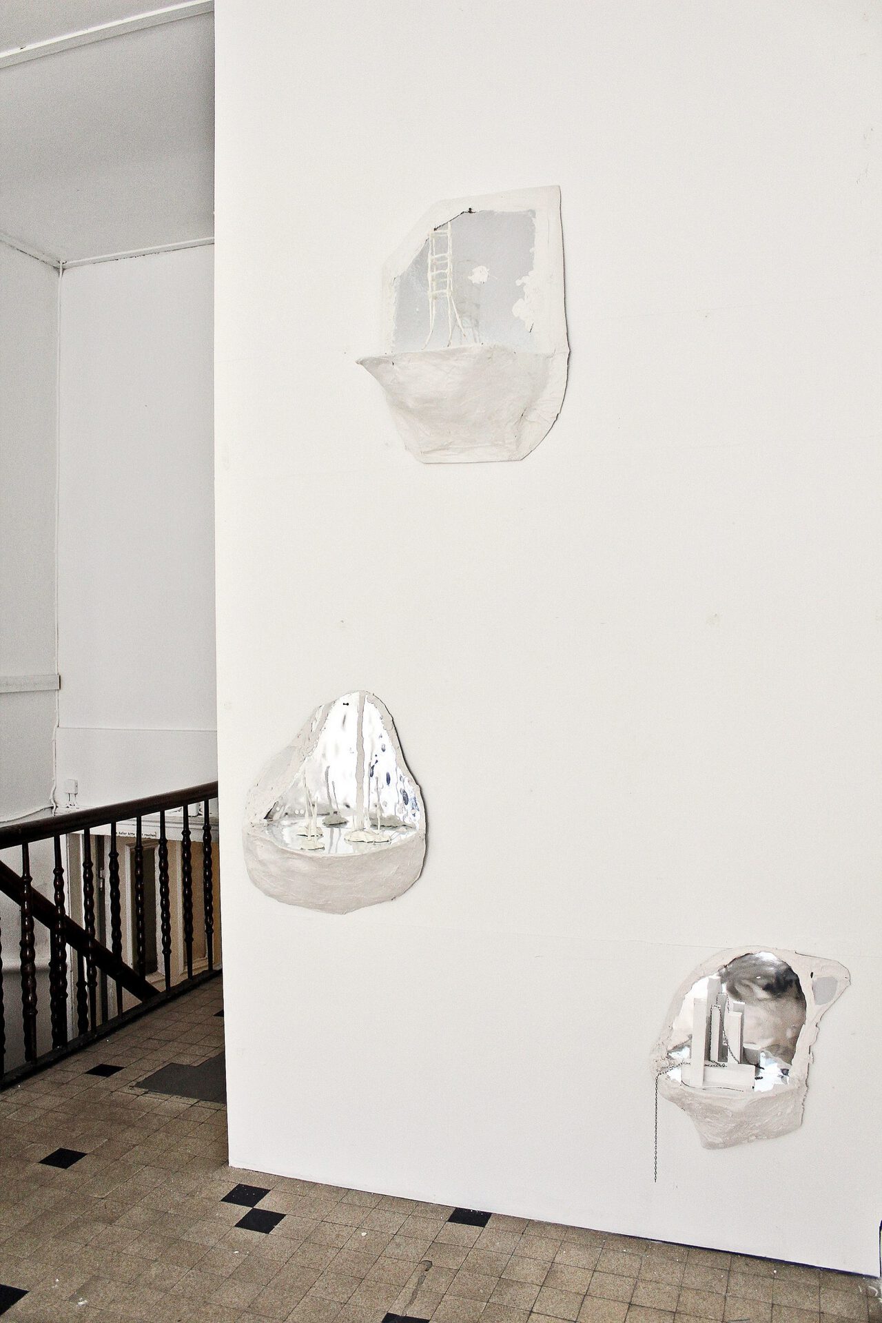 Anna Bochkova, Planetoids, 2021, diverse dimensions, plaster, cardboard, aluminium leaf, ceramics, chain
