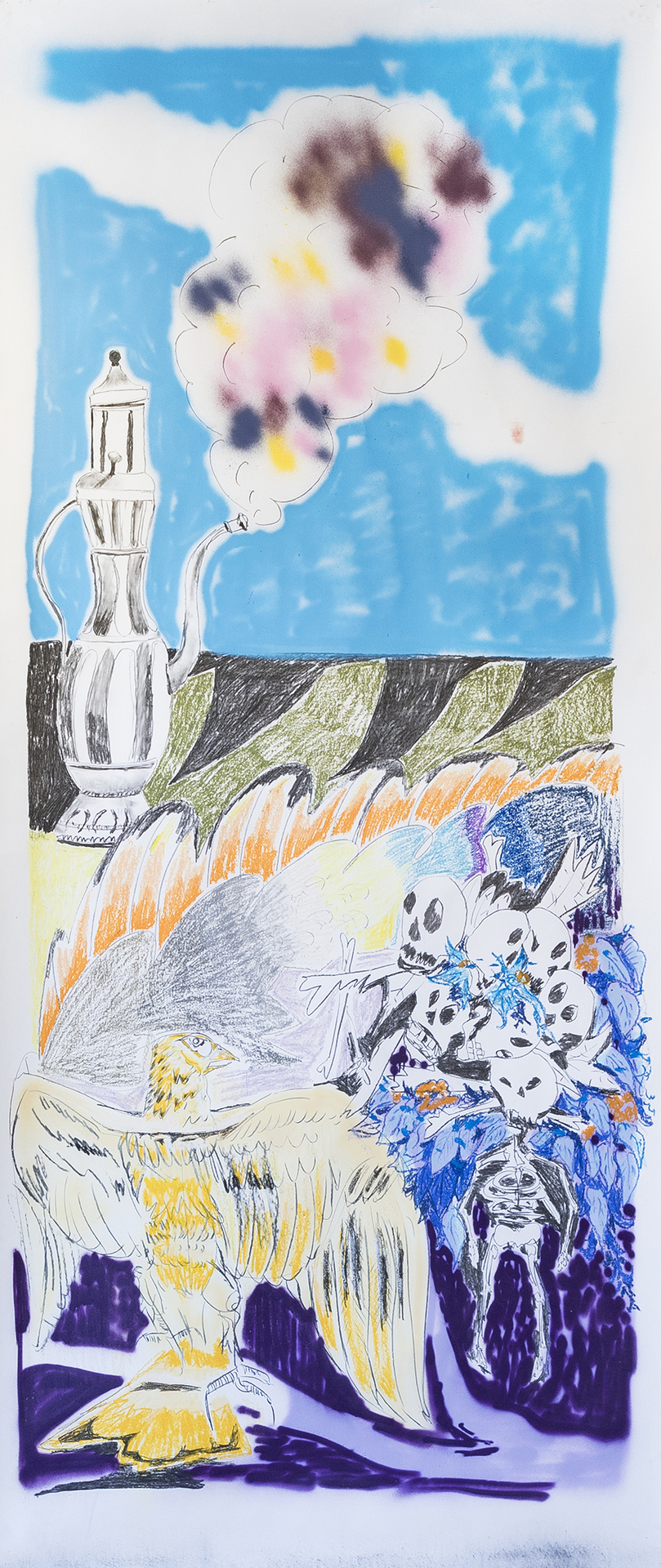 Oil lamp and sculls, 356x150cm, 2020, oil chalk on paper