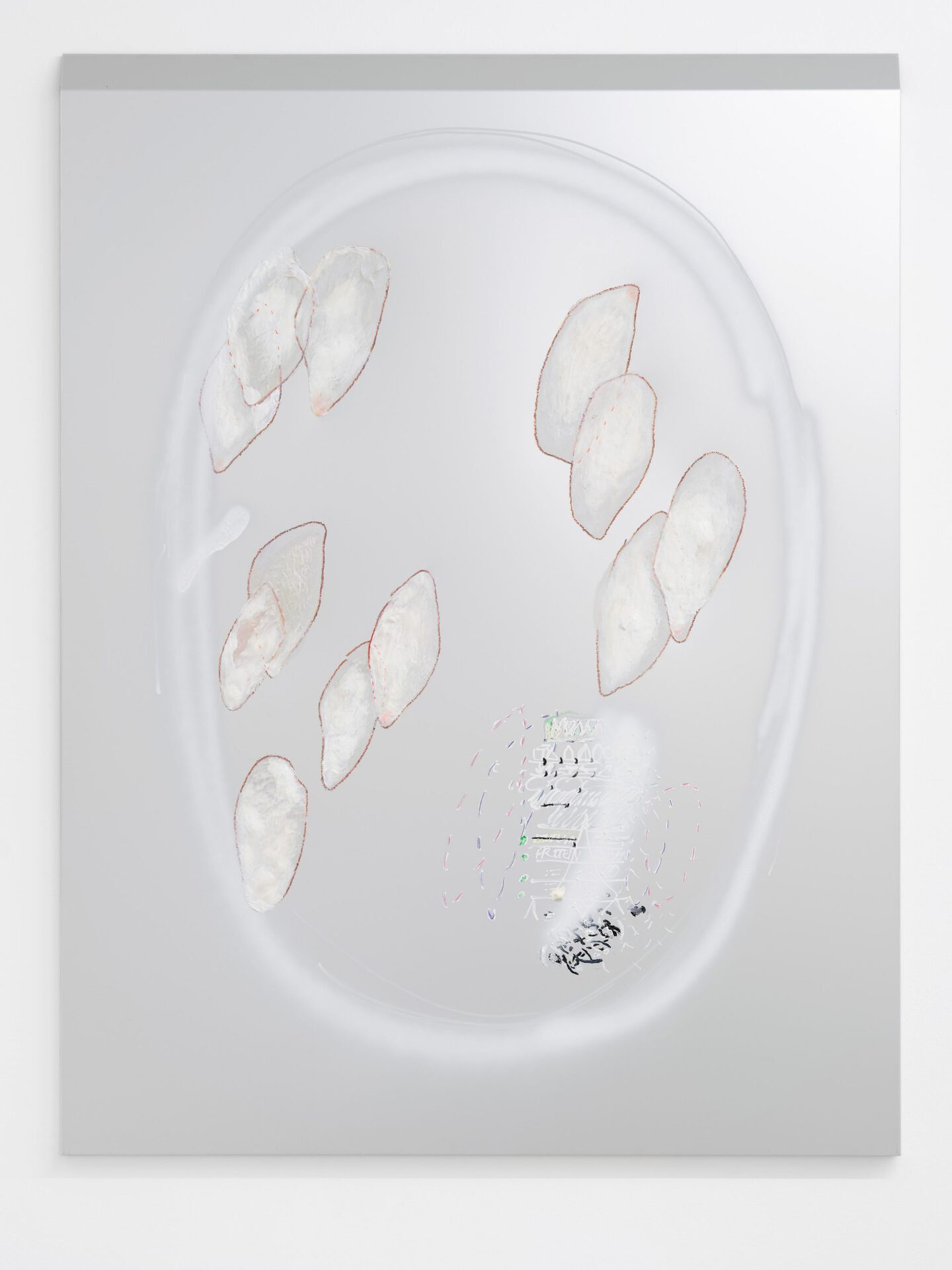 Fillet, 2021, oil paint, spray paint, marker pen and fineliner on hand-tapped aluminium 125 x 100 cm