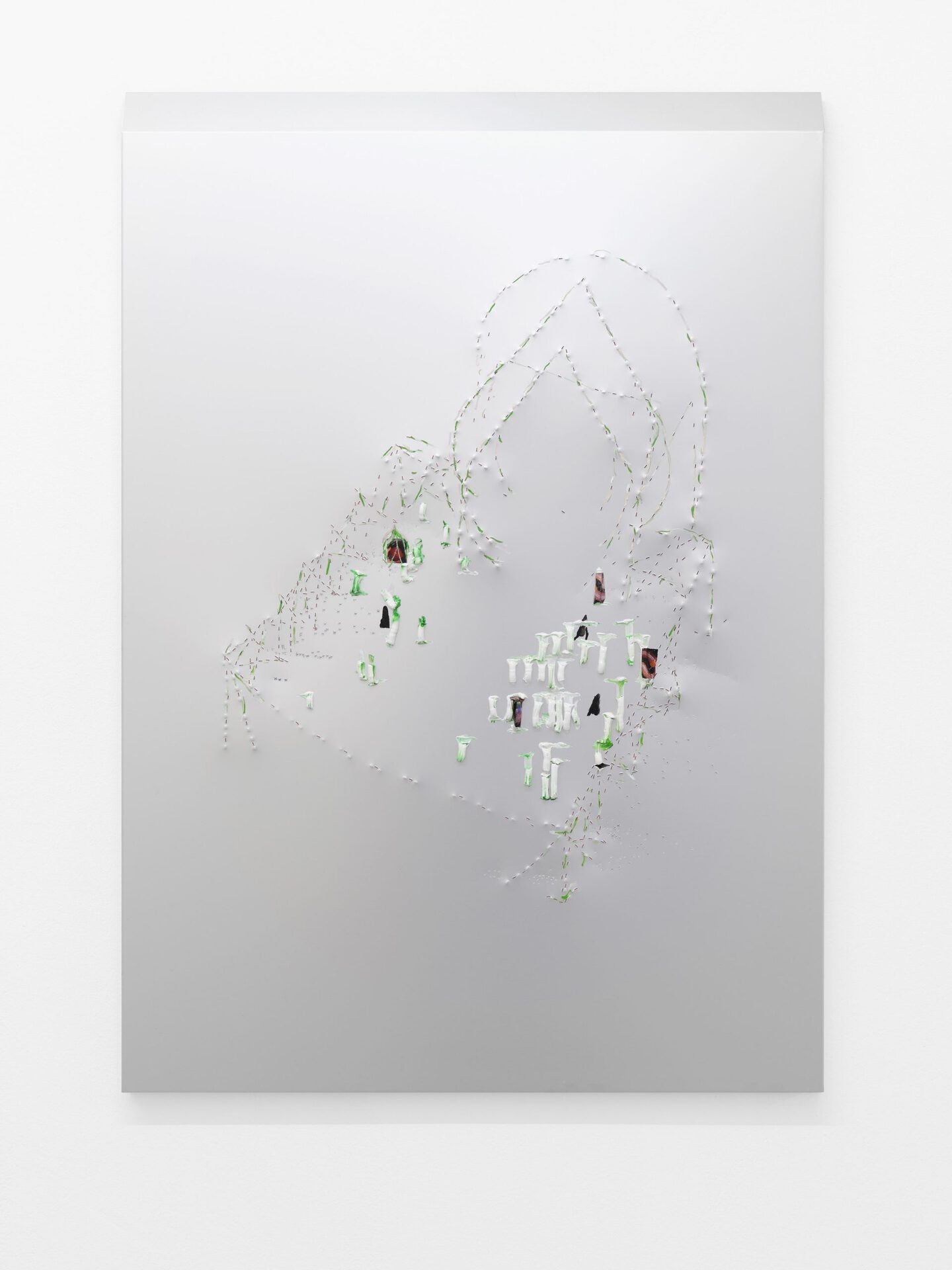 Russian young peppermint, 2021, oil paint, fineliner, cut-outs and glue on hand-tapped aluminium 100 x 70 cm