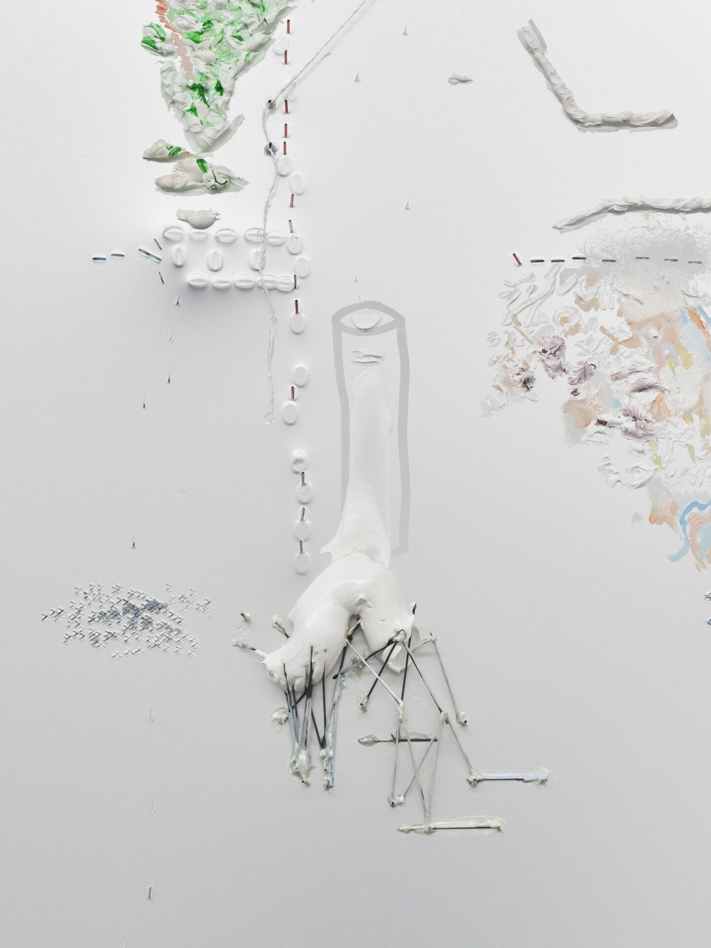 Detail, The Map and the Territory (Fargo), 2021, oil paint, marker pen, fineliner, graphite pencil lead, string, gelatine and glue on hand-tapped aluminium 125 x 100 cm