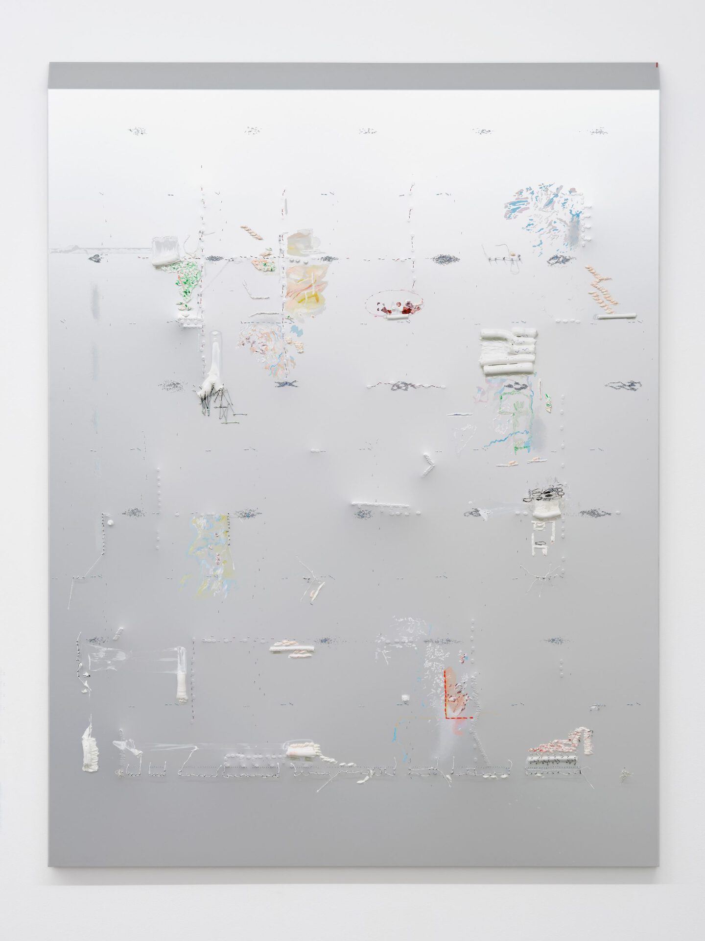 The Map and the Territory (Fargo), 2021, oil paint, marker pen, fineliner, graphite pencil lead, string, gelatine and glue on hand-tapped aluminium 125 x 100 cm
