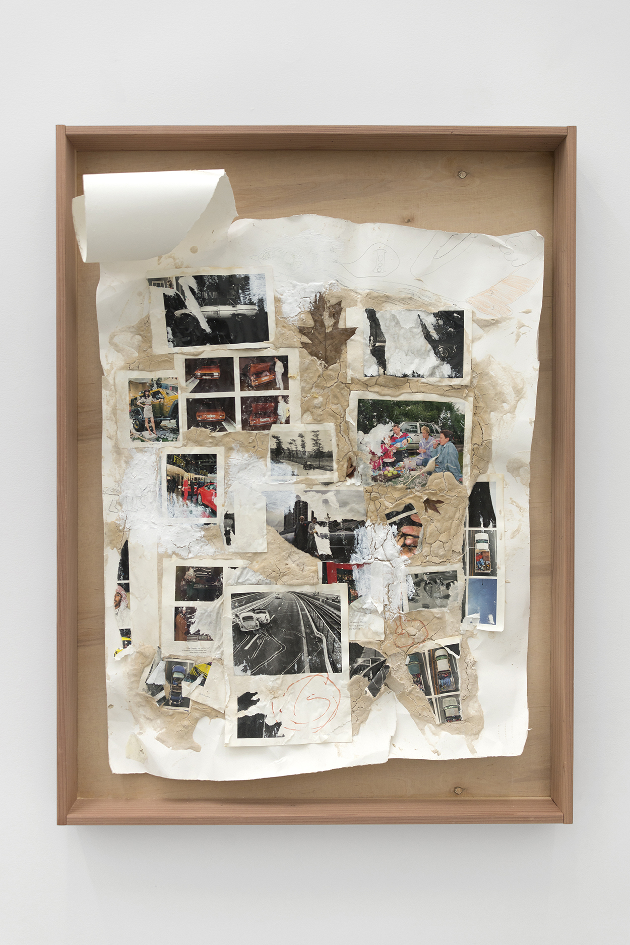 Justin Chance, Race, 2020-2021, Flooded basement papier-mâché, images from waterlogged photobook, marker, graphite, watercolor on paper, 27 x 35 in.
