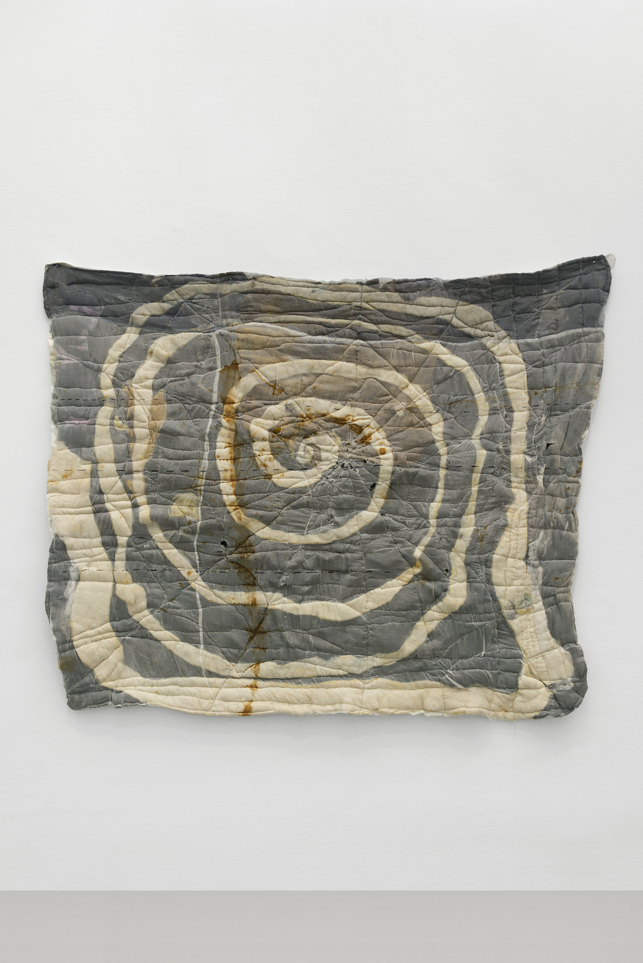 Justin Chance, Spider, 2018-2021, Wet and needle felted wool, cotton, gold tea, marker; quilted, 66 x 53 in.