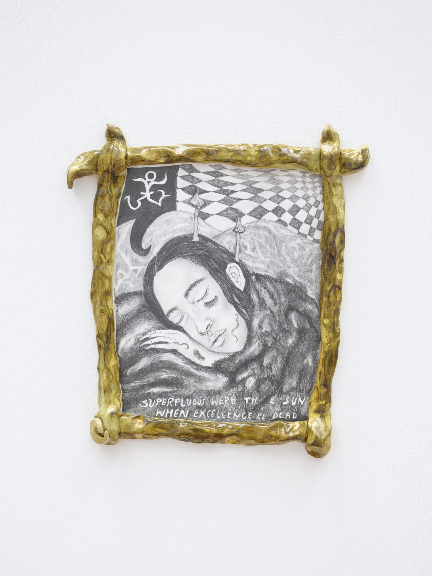 Maya Hottarek, Lucid living, 2021, pencil on paper, glazed ceramic frame, 27x29x3cm