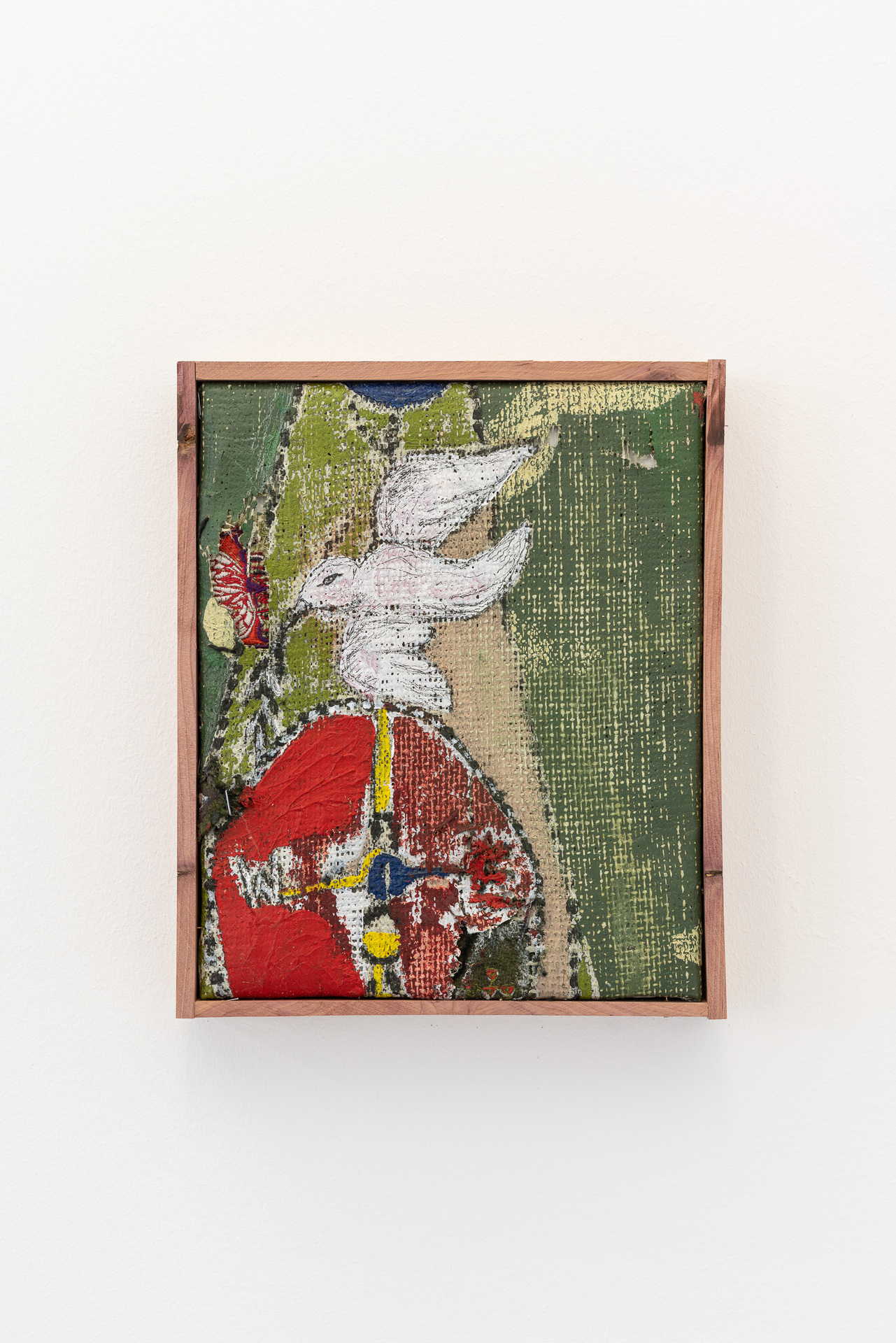 Brittni Ann Harvey - Dove Dives West , 2021, oil on burlap 25.4 x 20.3 cm