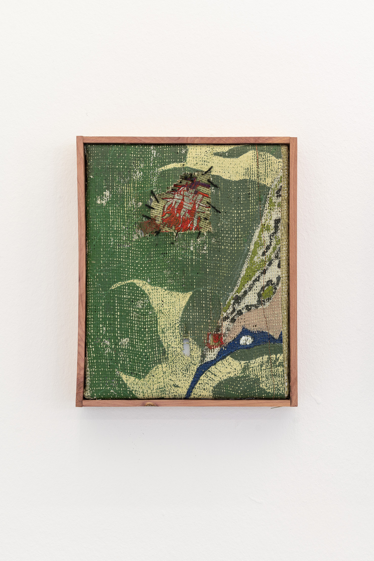 Brittni Ann Harvey - Mending, 2021, oil on burlap, 25.4 x 20.3 cm