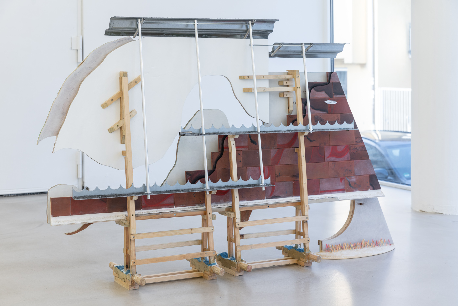 Josephine Baker - Crossing (2), 2021, aluminium tubing and roofing sections, anticlimb spikes, black sand, chalk, charcoal, Dover chalk, clay, filler, MDF, mortar, nails, glass, paints, pigments, pine, plaster, plywood, screws, steel threading and nuts, terracotta tiles, 112.1 x 169.9 x 33 cm