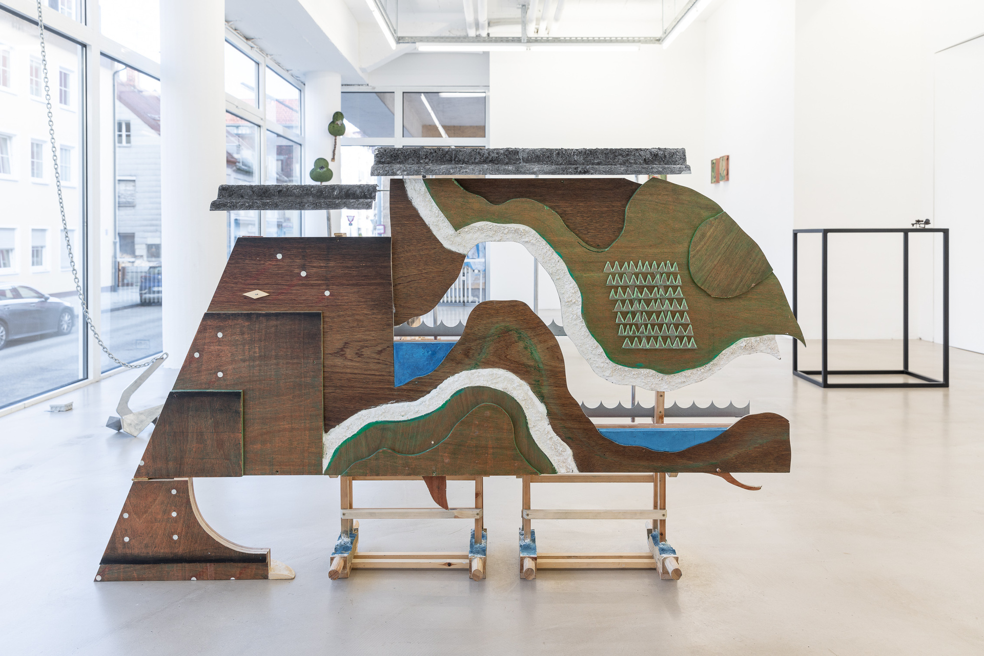 Josephine Baker - Crossing (2), 2021, aluminium tubing and roofing sections, anticlimb spikes, black sand, chalk, charcoal, Dover chalk, clay, filler, MDF, mortar, nails, glass, paints, pigments, pine, plaster, plywood, screws, steel threading and nuts, terracotta tiles, 112.1 x 169.9 x 33 cm
