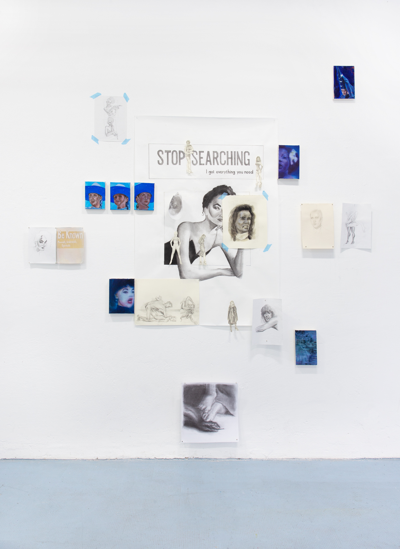 Annabelle Agbo Godeau, installation view of "Stop searching (I got verything you need)" 2021, coal on paper and oil on canvas