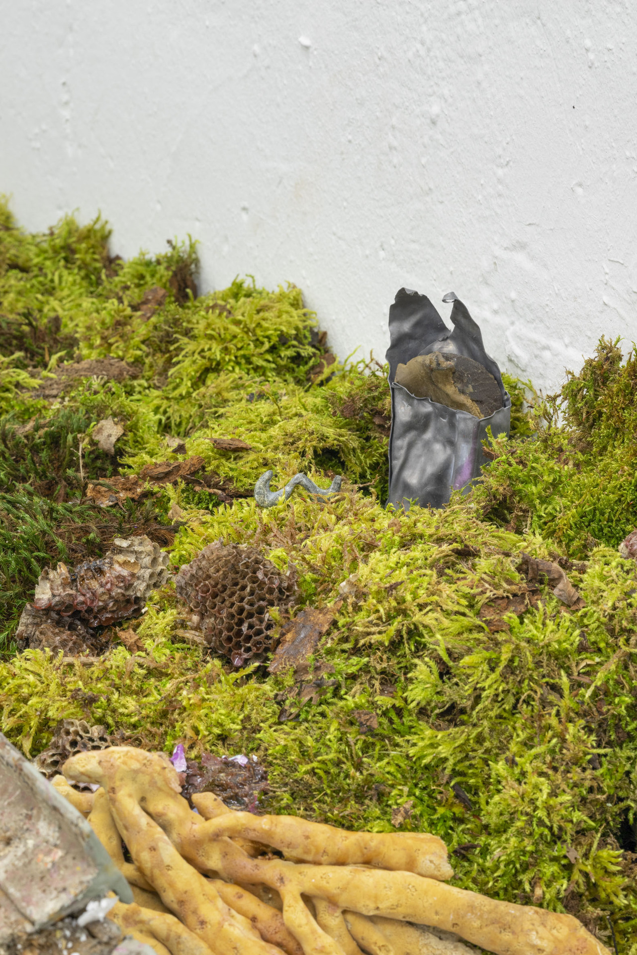 Edgar Unger, descent into Limbo, 2021, bamboo, moss, found objects, slime, trapdoor