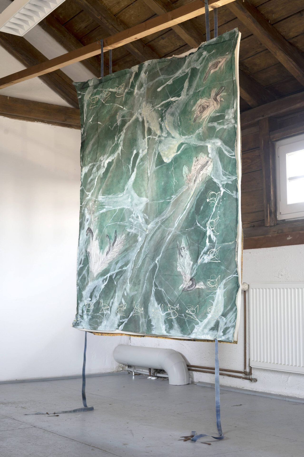 Till Gerhard Hausotte Auf den Feldern fault das Korn 2021  embroidery, acryl on canvas 140 x 165 cm