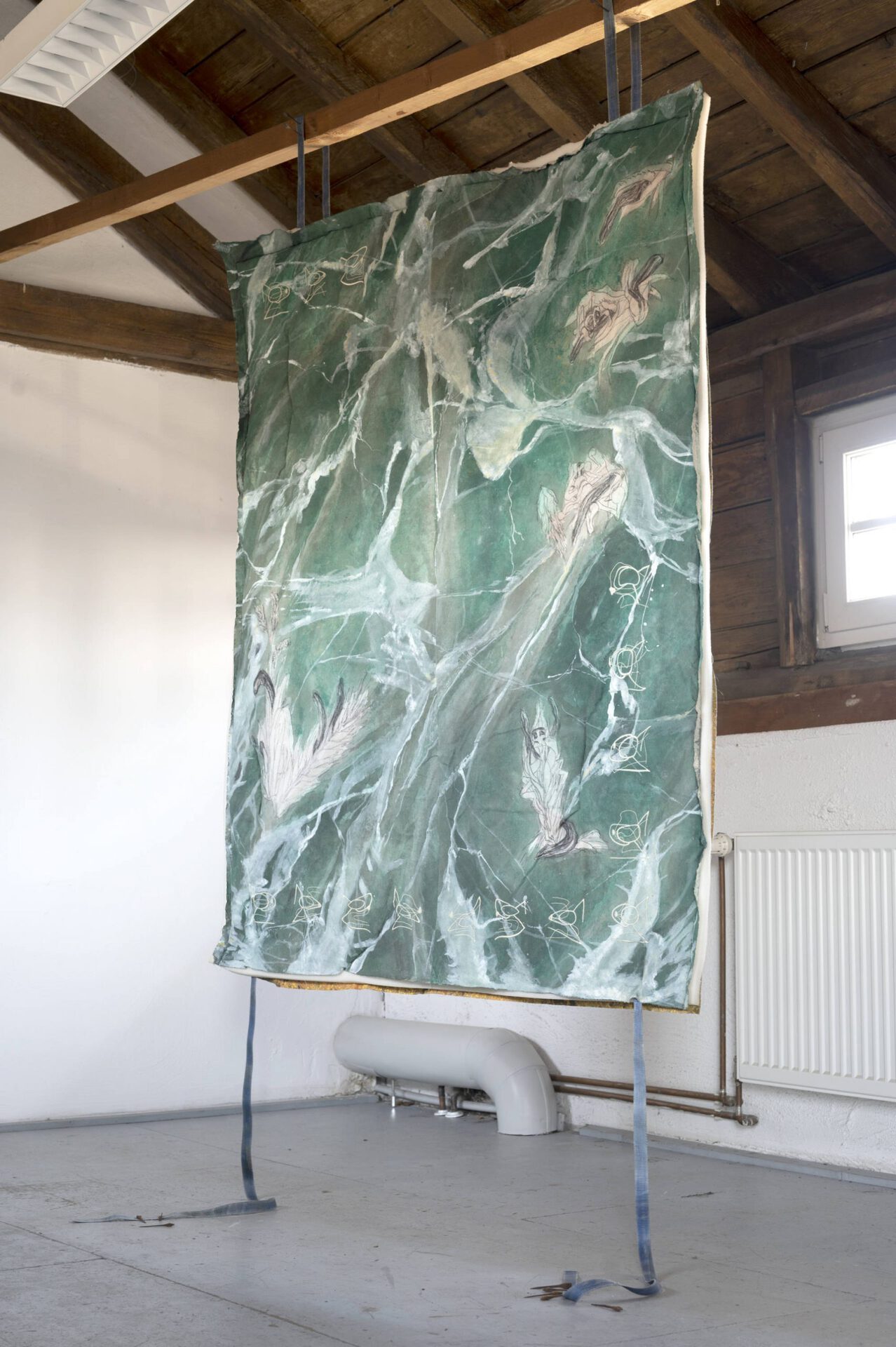 Till Gerhard Hausotte Auf den Feldern fault das Korn 2021 embroidery, acryl on canvas 140 x 165 cm