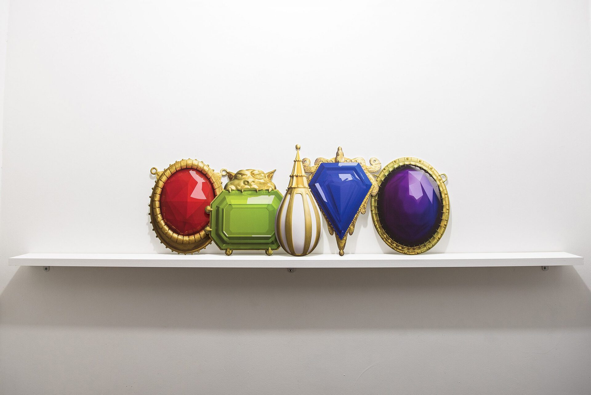Andrew Roberts, Mox Ruby, Mox Emerald, Mox Pearl, Mox Sapphire and Mox Jet 2021 Digital prints on foamboard Stand-ins for NFT artworks minted on the Cardano Blockchain, mined through a Proof-of-stake protocol, 2021, detail 1