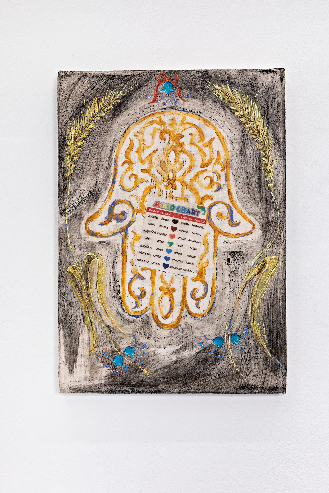 Fatima in the wheatfields, 23k gold, injket transfer and oil on canvas, 30 x 21 cm, 2020, Photo: Fred Dott