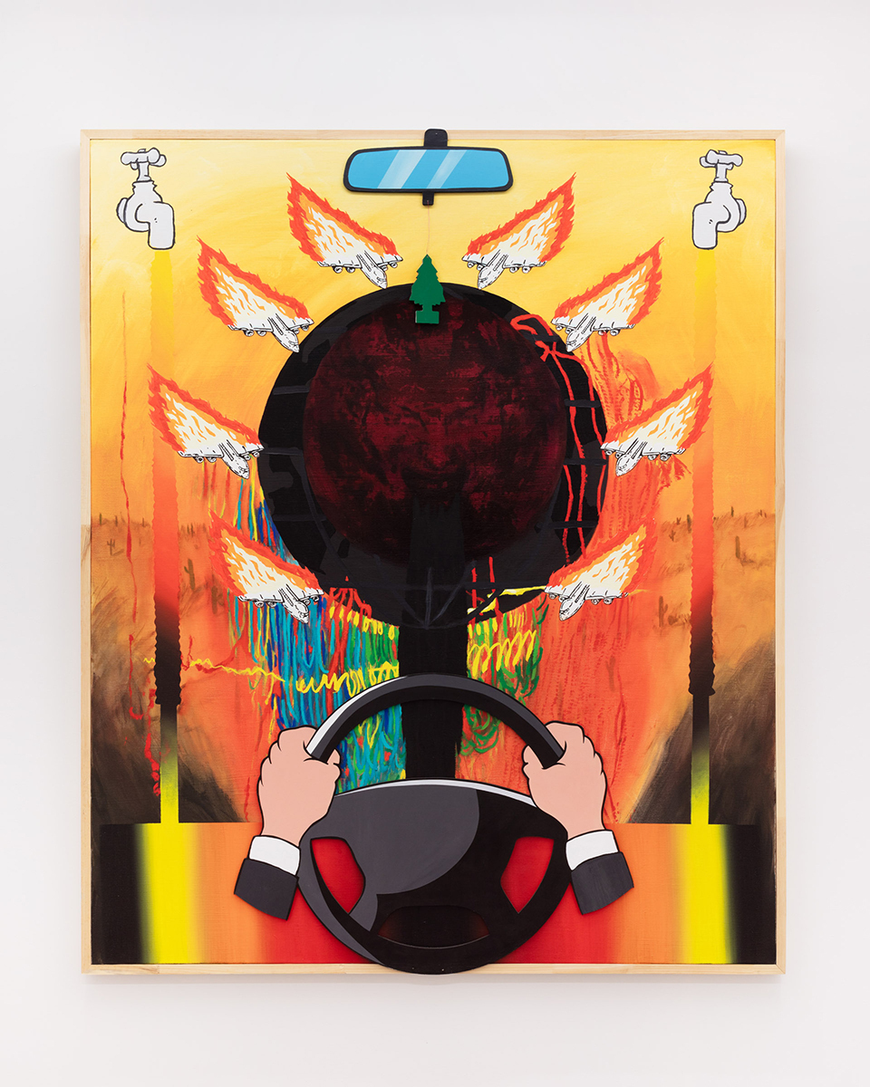 David Bellemare, D.E.V.I.L. driving electric vehicles into lamentation, 2019,Oil, mixed media on canvas, artist’s frame, 66 ½” x 55 ½”