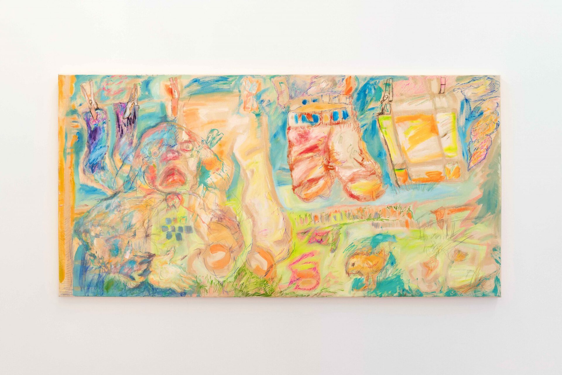Isadora Vogt,Hundefrau, 2021 Acrylic, oil, chalk and pencil on cavas 100 x 200cm