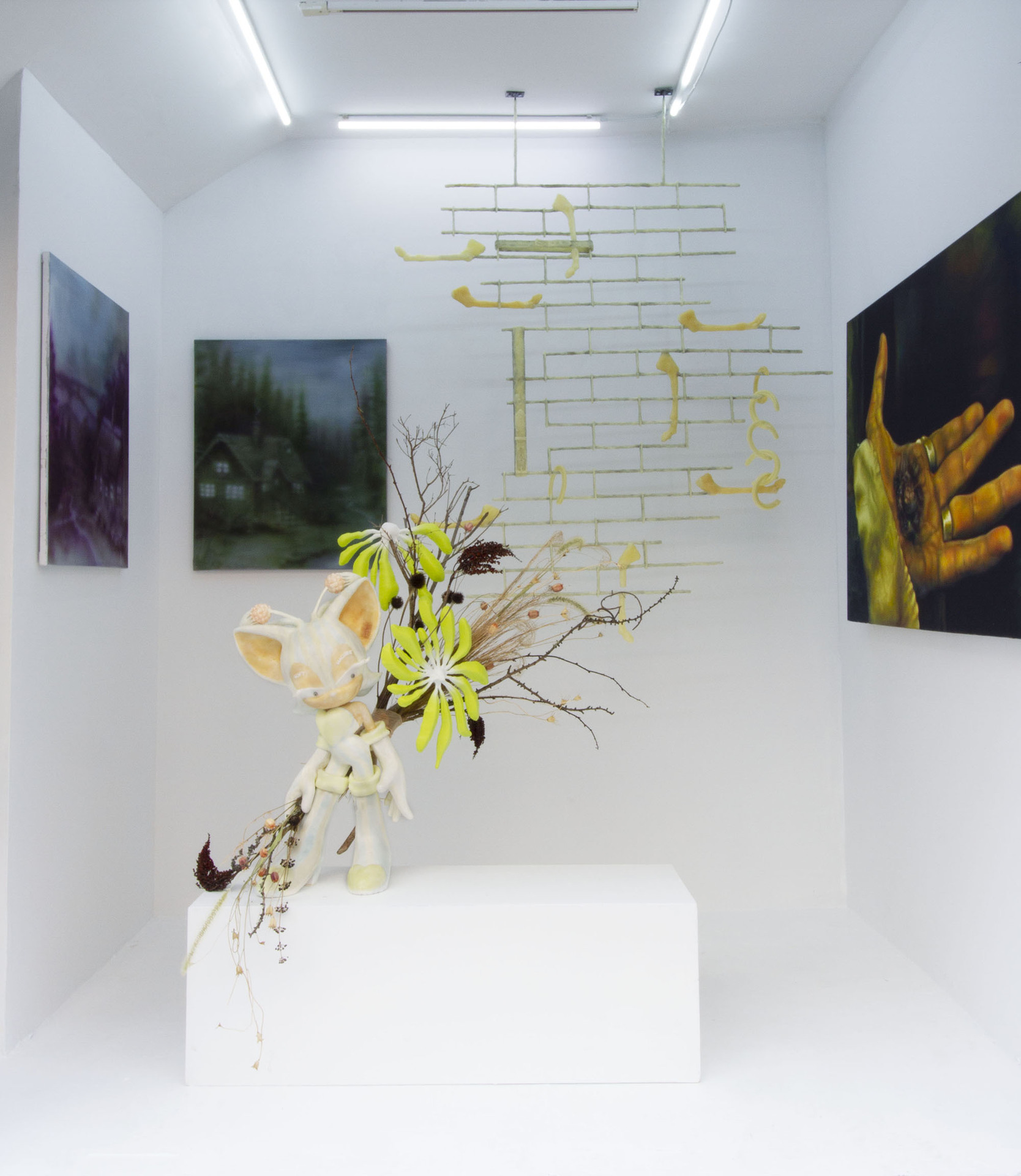 Installation view of God Is in the Details. Francesca Facciola, Yasmin Kaytmaz, Will Sheldon, Wretched Flowers
