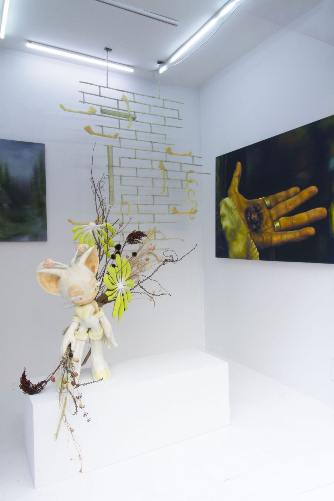 Installation view of God Is in the Details. Francesca Facciola, Yasmin Kaytmaz, Will Sheldon, Wretched Flowers