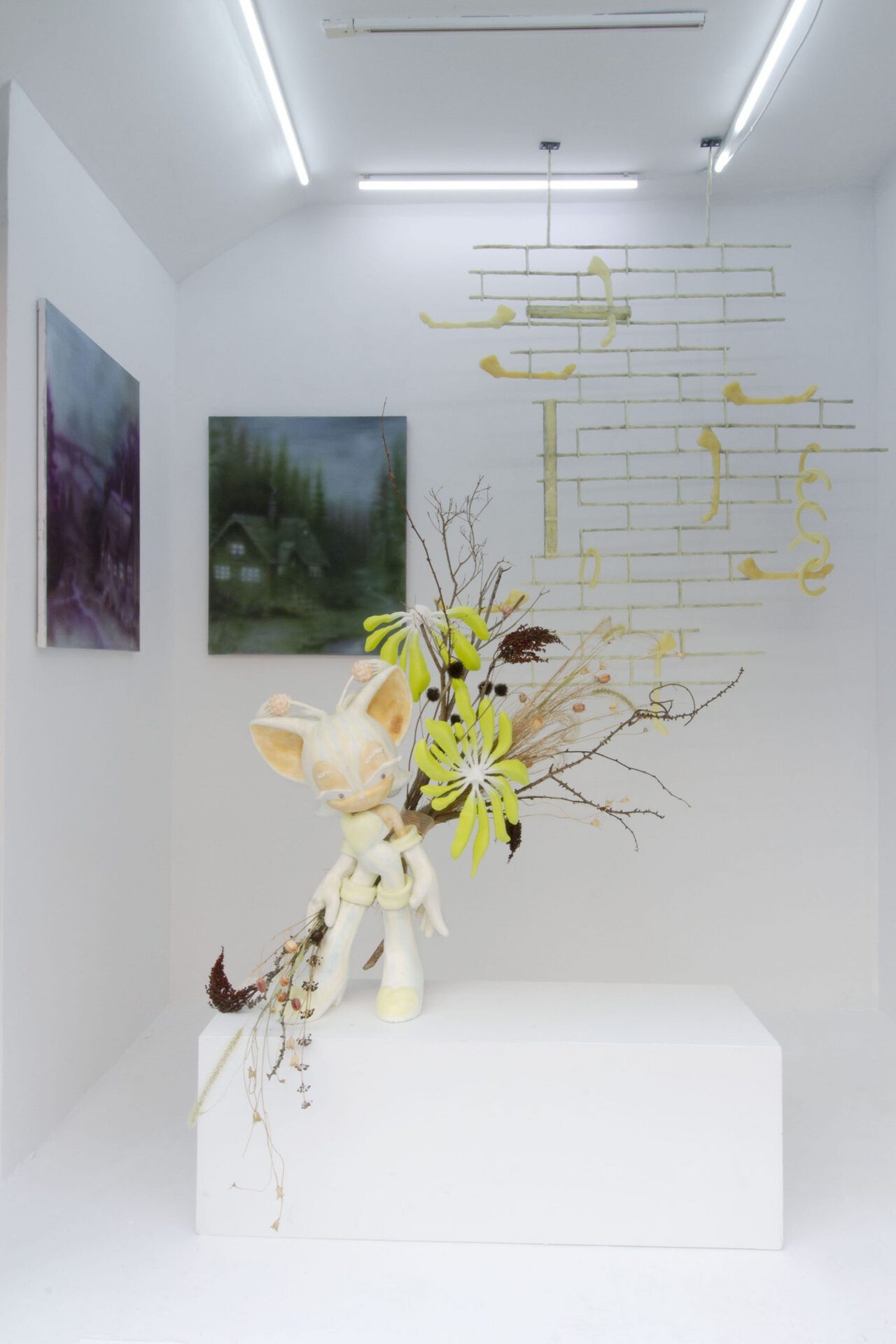 Installation view of God Is in the Details. Yasmin Kaytmaz, Will Sheldon, Wretched Flowers