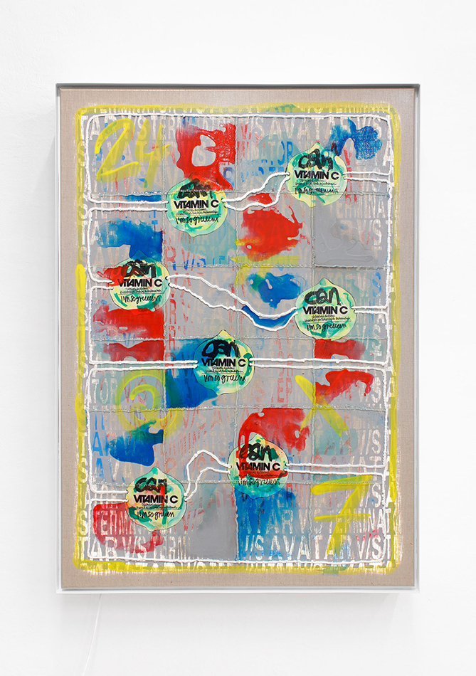 Thomas Baldischwyler, O.T. (Vitamin C), 2020, collage, acrylic, enamel and caulking on canvas, LED lights, metal frame, 142,5 x 102,5 cm