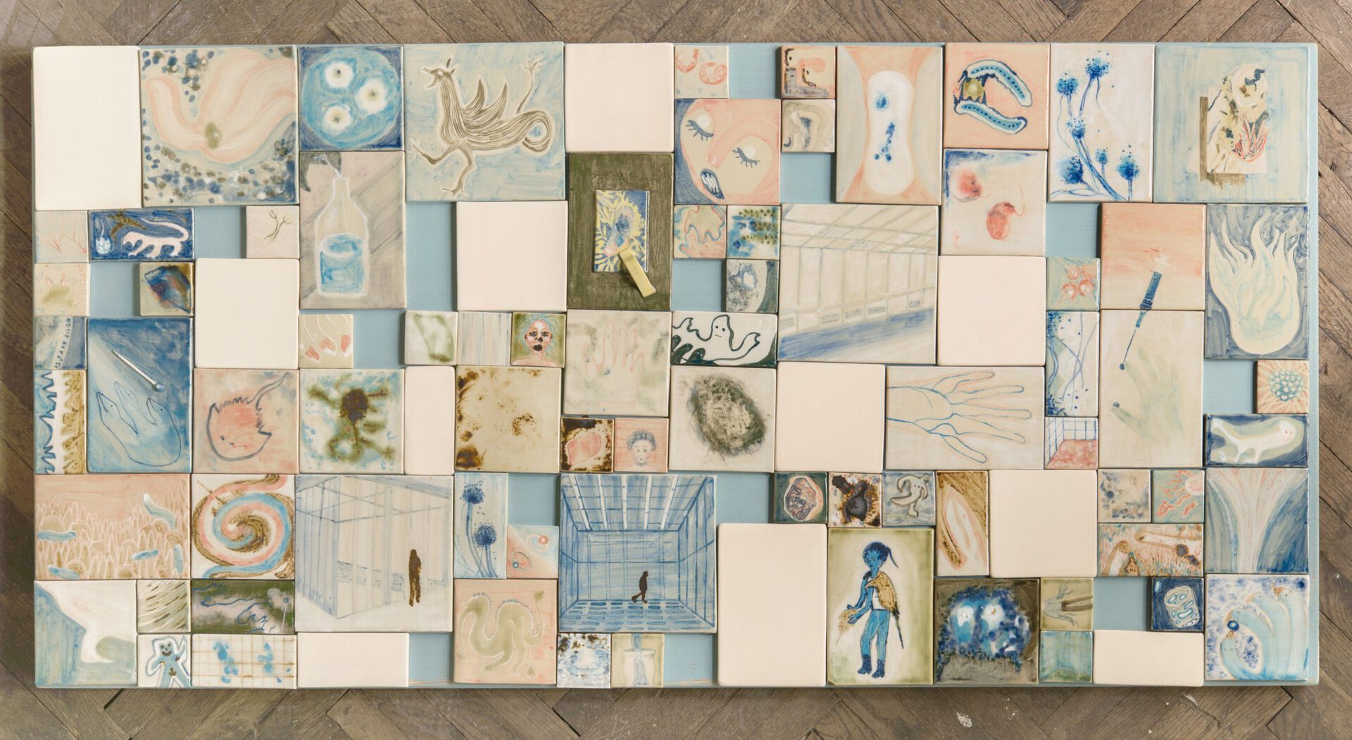 Veronika Abigail Beringer, untitled, tile installation, 2021, underglaze paint on ceramic tiles, 15 x 15 / 15 x 10 / 10 x 10 / 10 x 5 / 5 x 5 cm