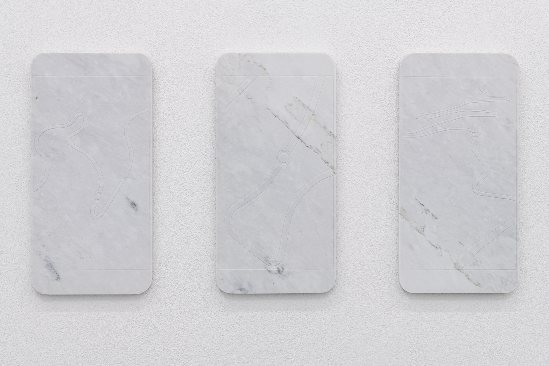 Lukas Liese, On Route nr. 2, 3 & 4, 2021, Carrara Marble, each 30cm x 60cm x 2cm.