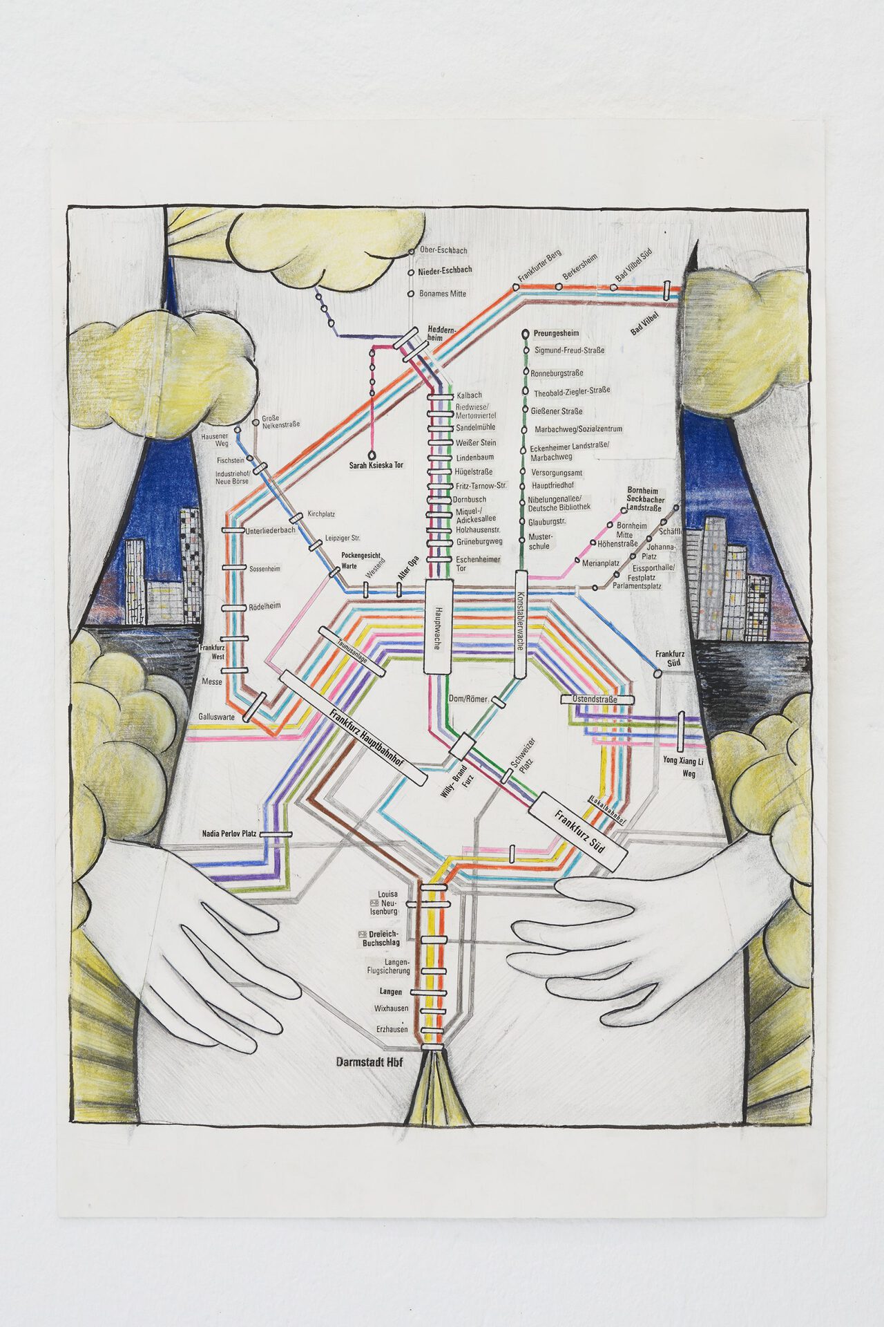 Niclas Riepshoff, Frankfurz-Darmstadt, 2021, pastel, ink, permanent marker and collage on paper, 42,0 x 59,4 cm