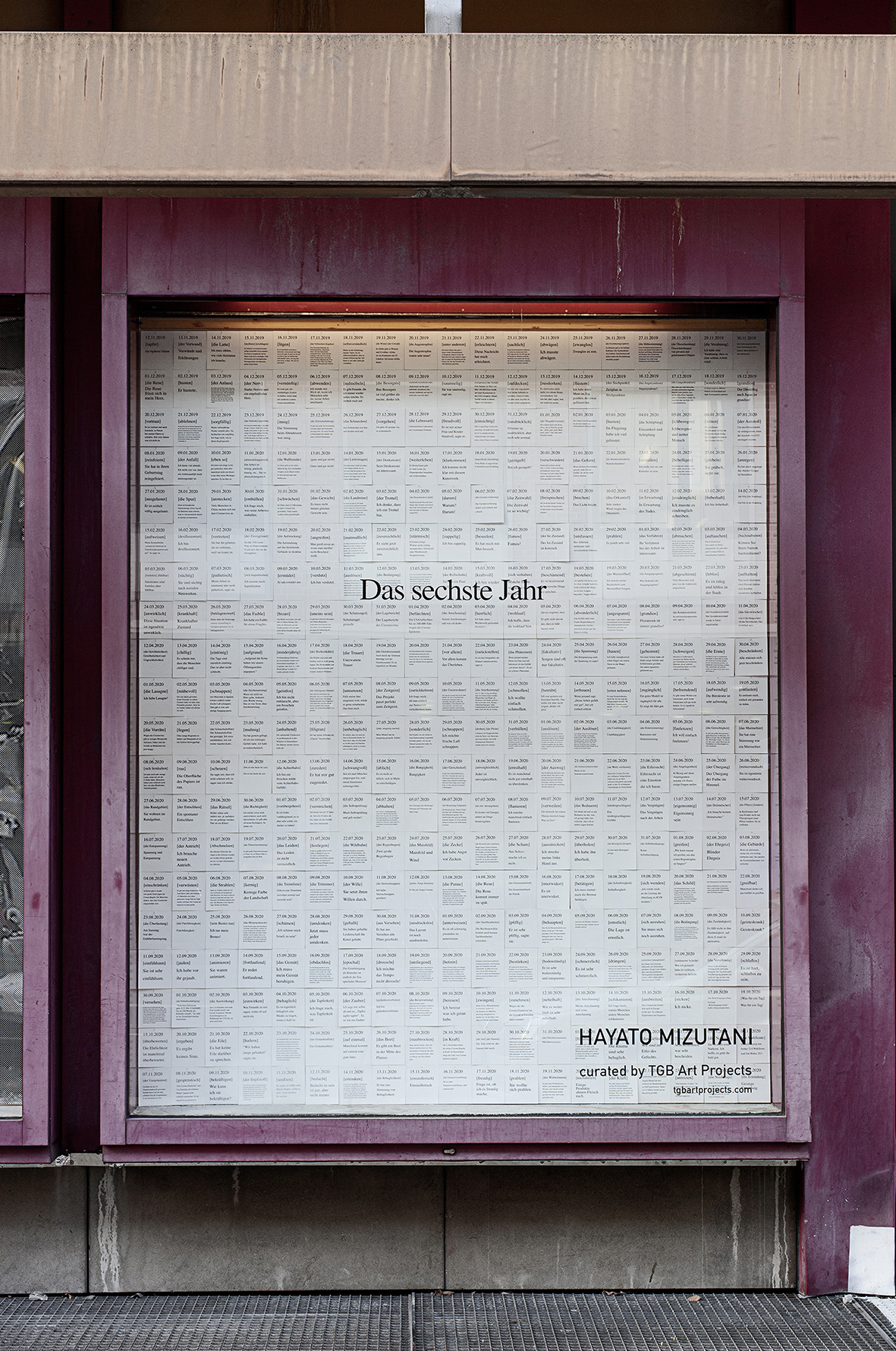 Hayato Mizutani, The Sixth Year, 2021, Installation, The six year: 366 sheets, paper, text 207,5 x 262 cm