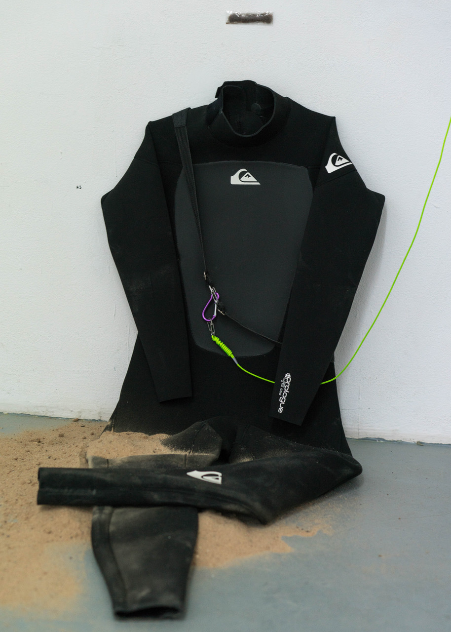 self-portrait with beard 2020 hair, wetsuit, nylon cord GoPro cam, PET, sand