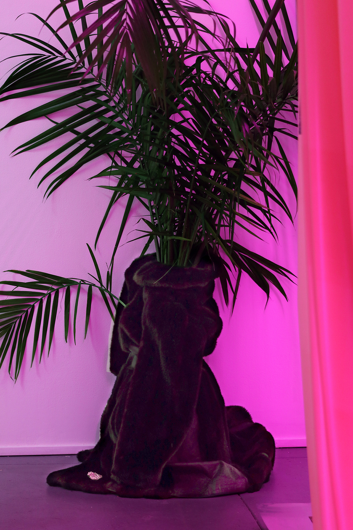 Levan Mindiashvili, Me/Mom, 2021, Palm-tree wrapped in natural latex, burlap and fake fur coat, gemstone, dimensions variable