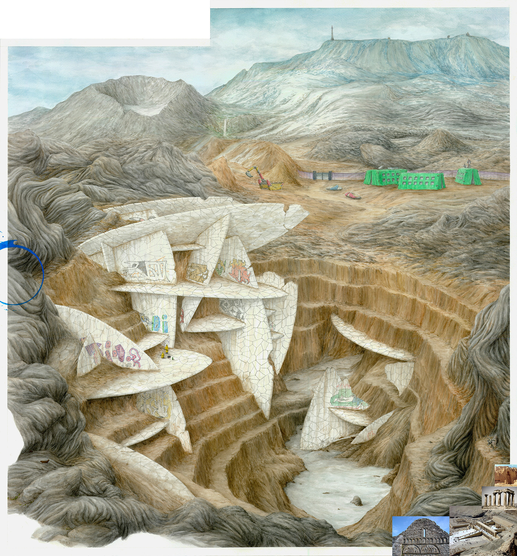 Ignacio García Sánchez, Temple of the Underground Sun, 2020, Watercolour, pencil, gouache and photographs on paper, 80 x 75 cm