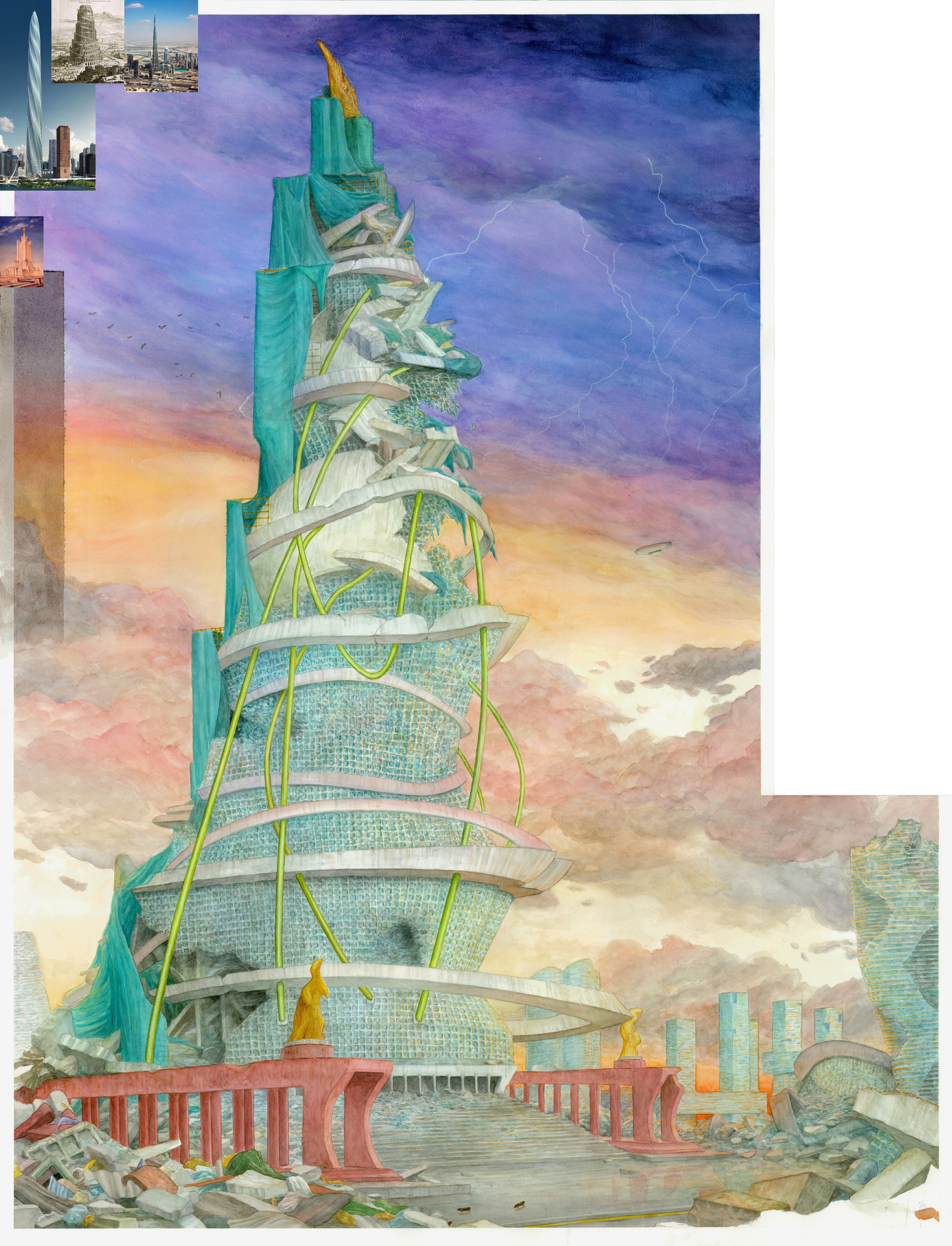 Ignacio García Sánchez, Stability Tower, 2020, Watercolour, pencil, gouache and photographs on paper, 98 x 75 cm