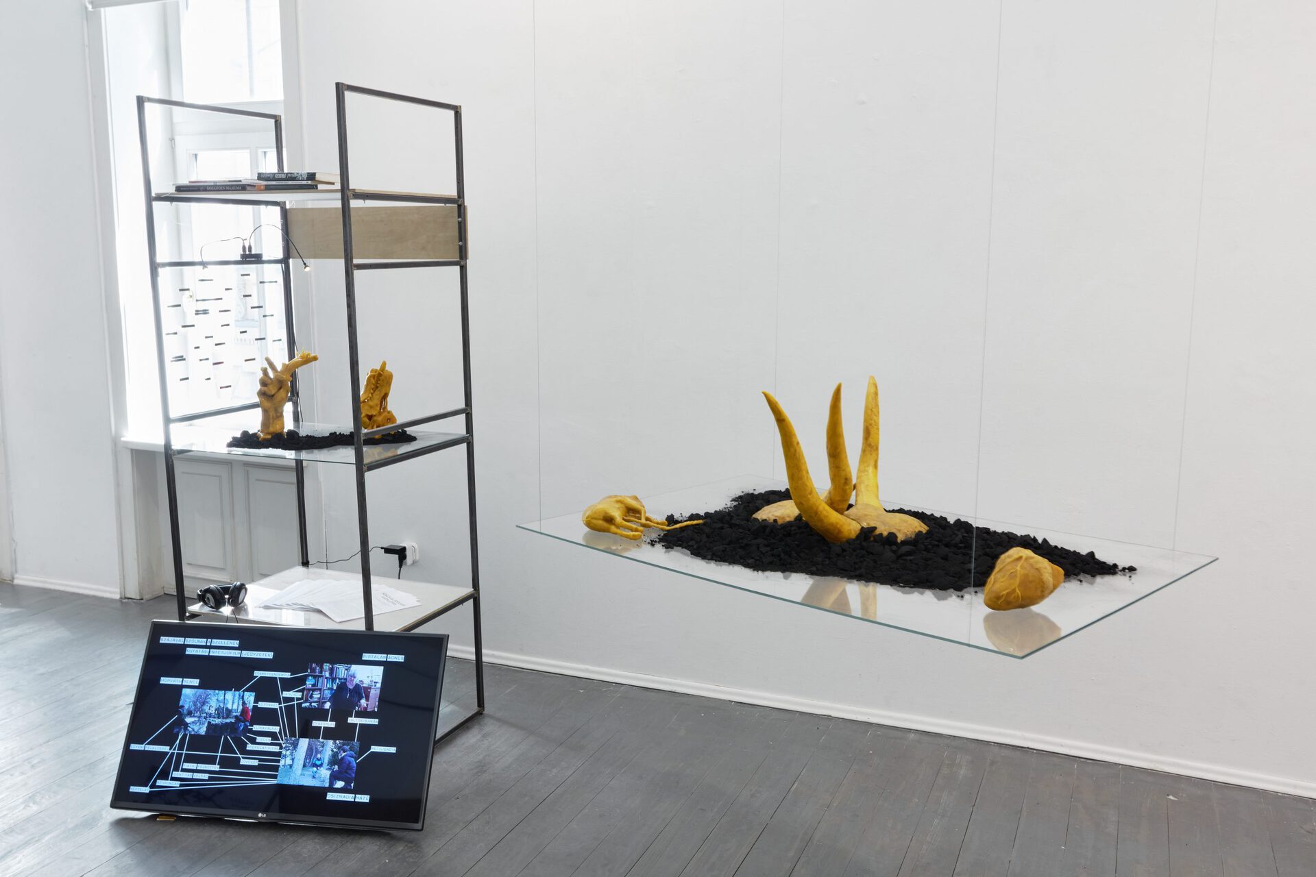 Gideon Hirvth and Kata Dora Kiss, With Their Mouth the Spirits Speak, installation,beeswax, coal, 2021